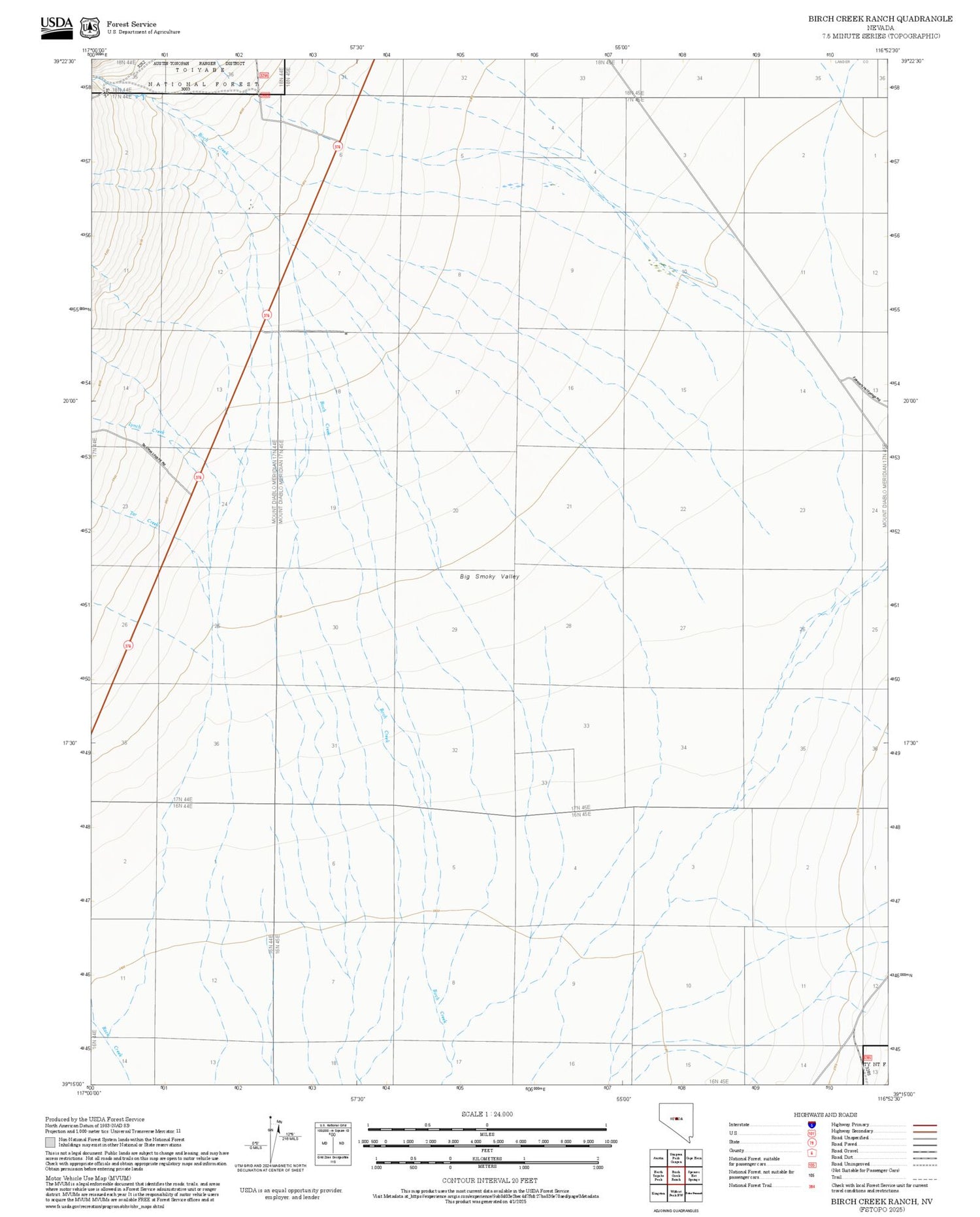 2025 Forest Service Topo Map of Birch Creek Ranch Nevada