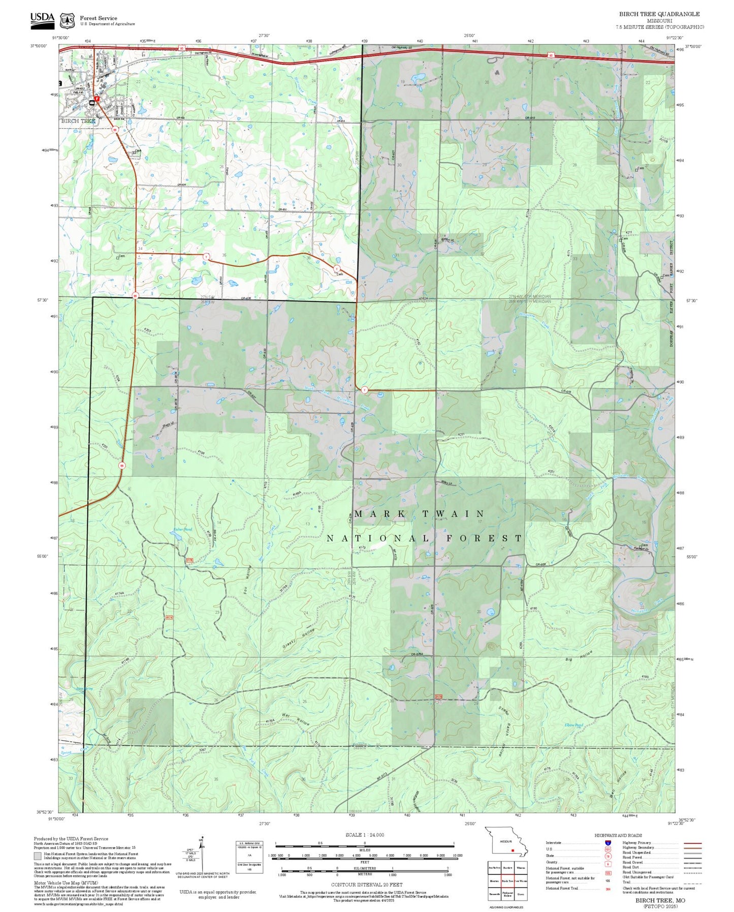 2025 Forest Service Topo Map of Birch Tree Missouri