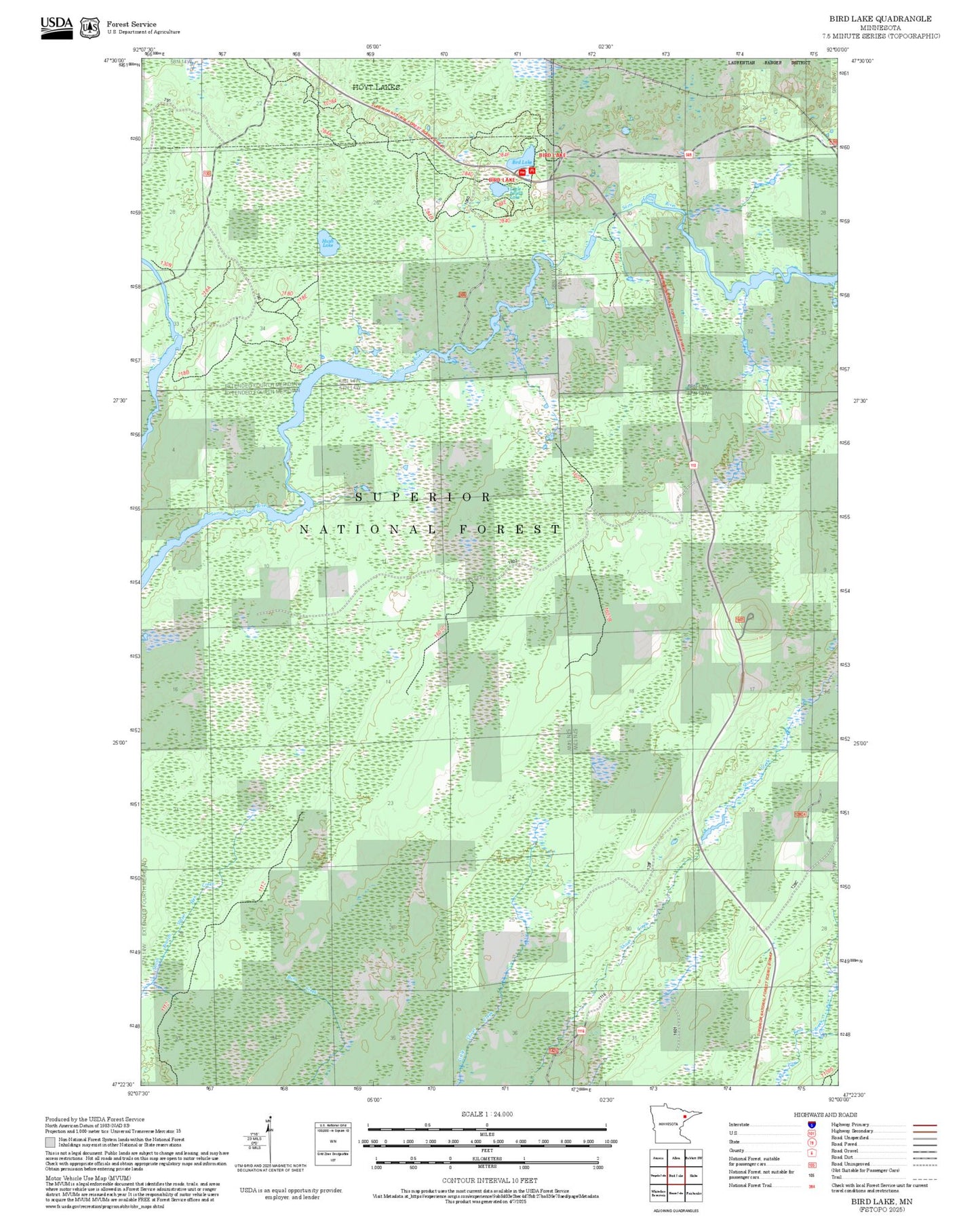2025 Forest Service Topo Map of Bird Lake Minnesota