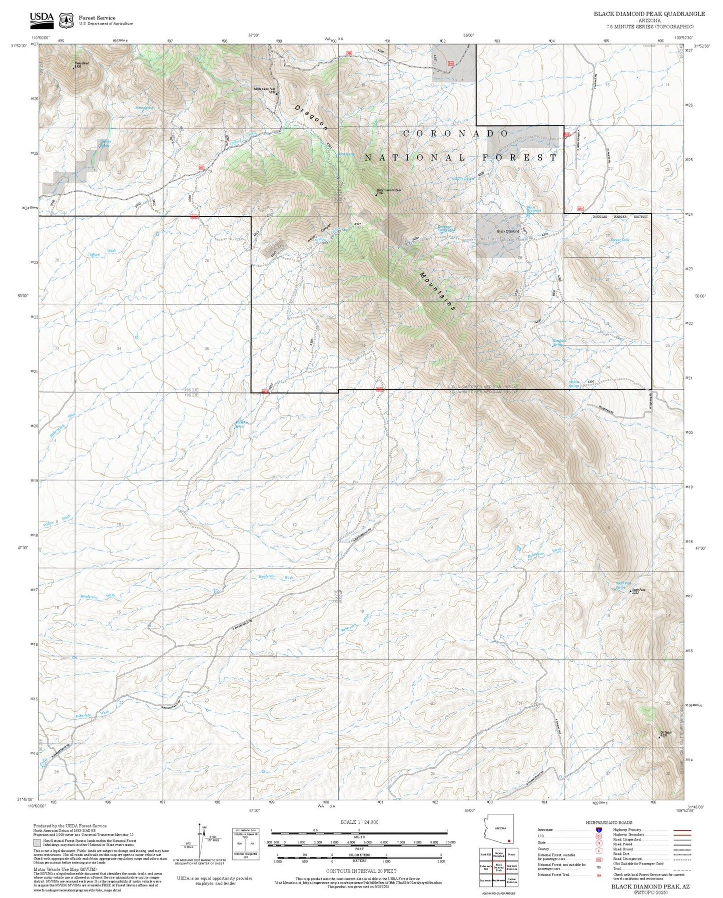 2025 Forest Service Topo Map of Black Diamond Peak Arizona