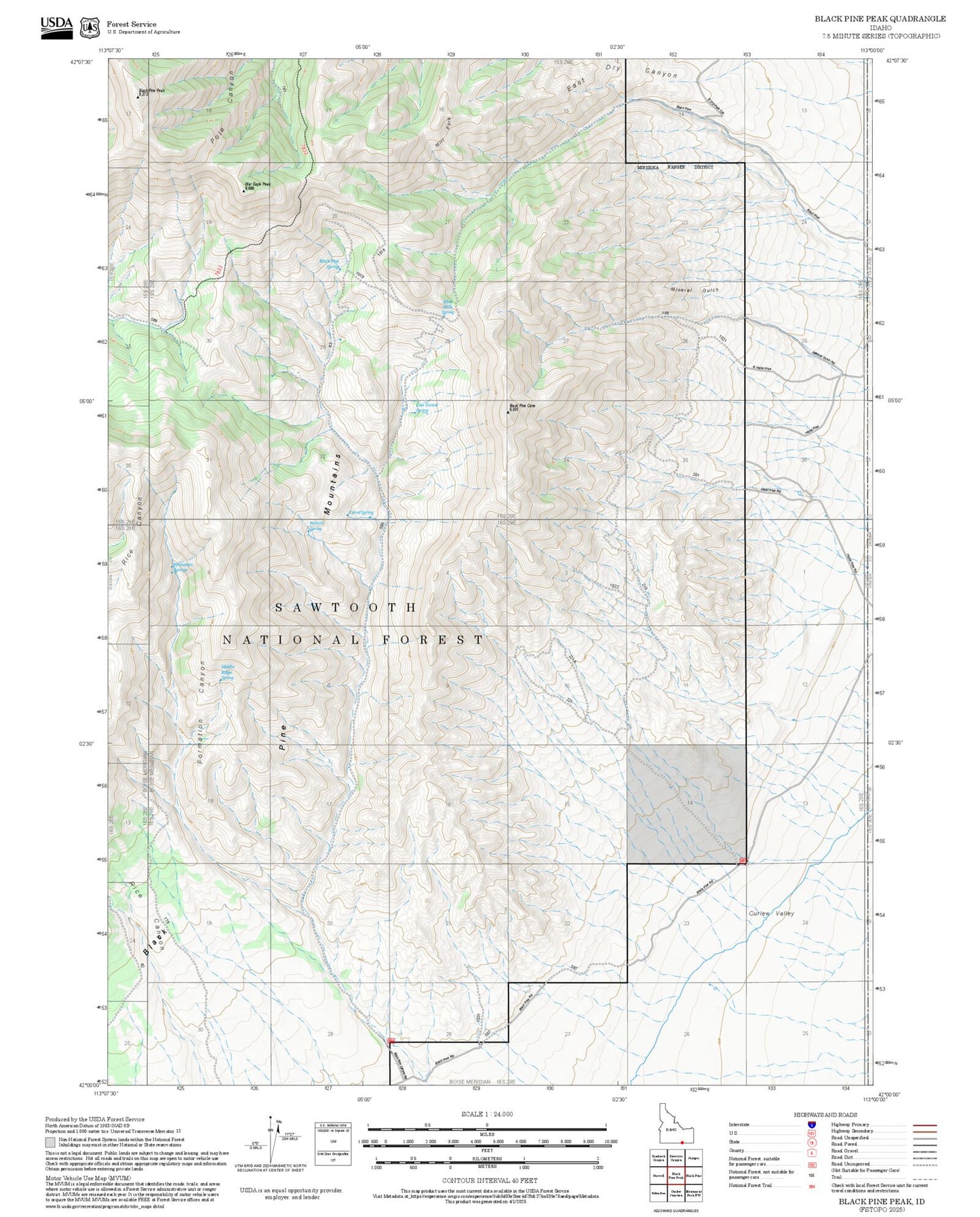 2025 Forest Service Topo Map of Black Pine Peak Idaho