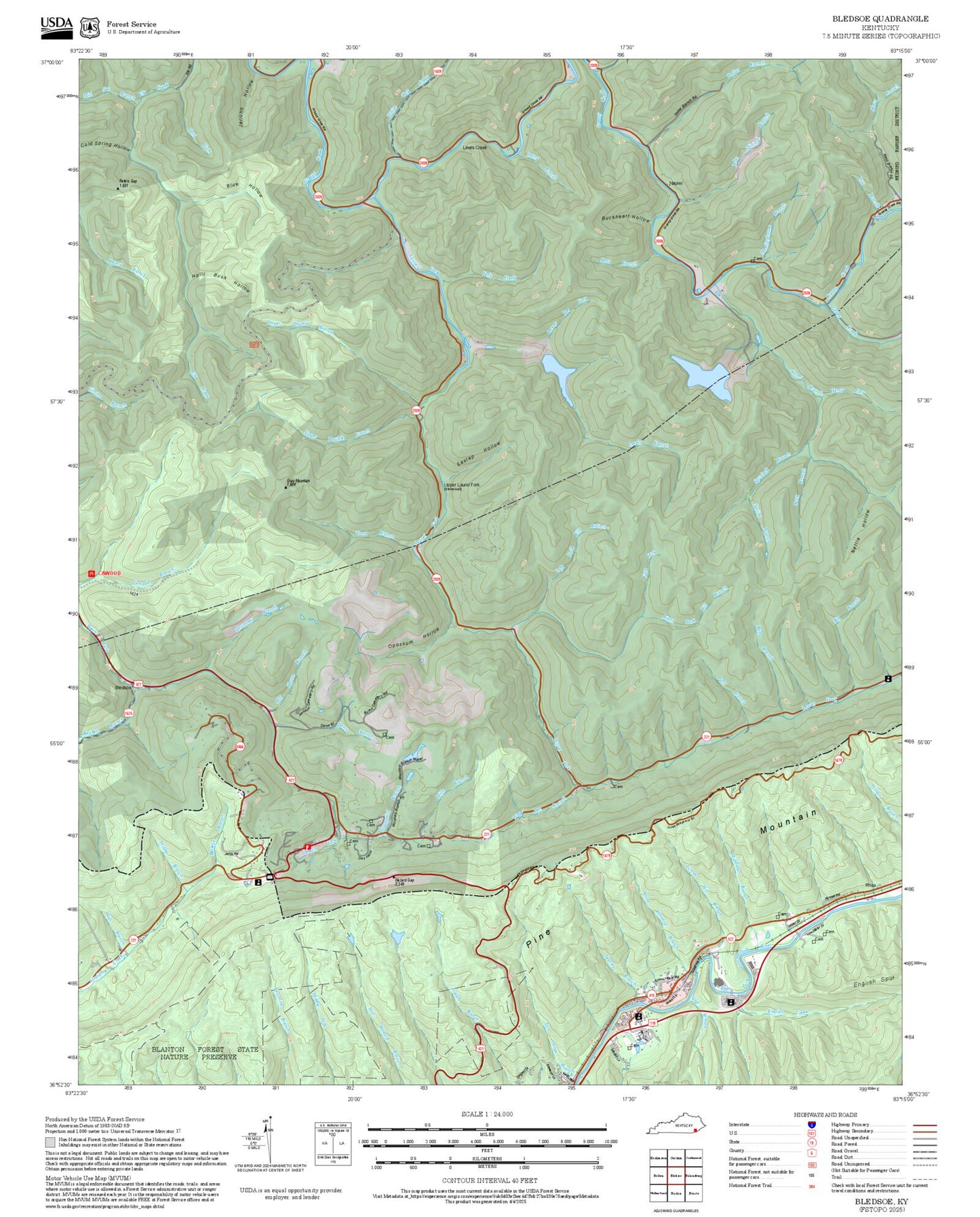 2025 Forest Service Topo Map of Bledsoe Kentucky