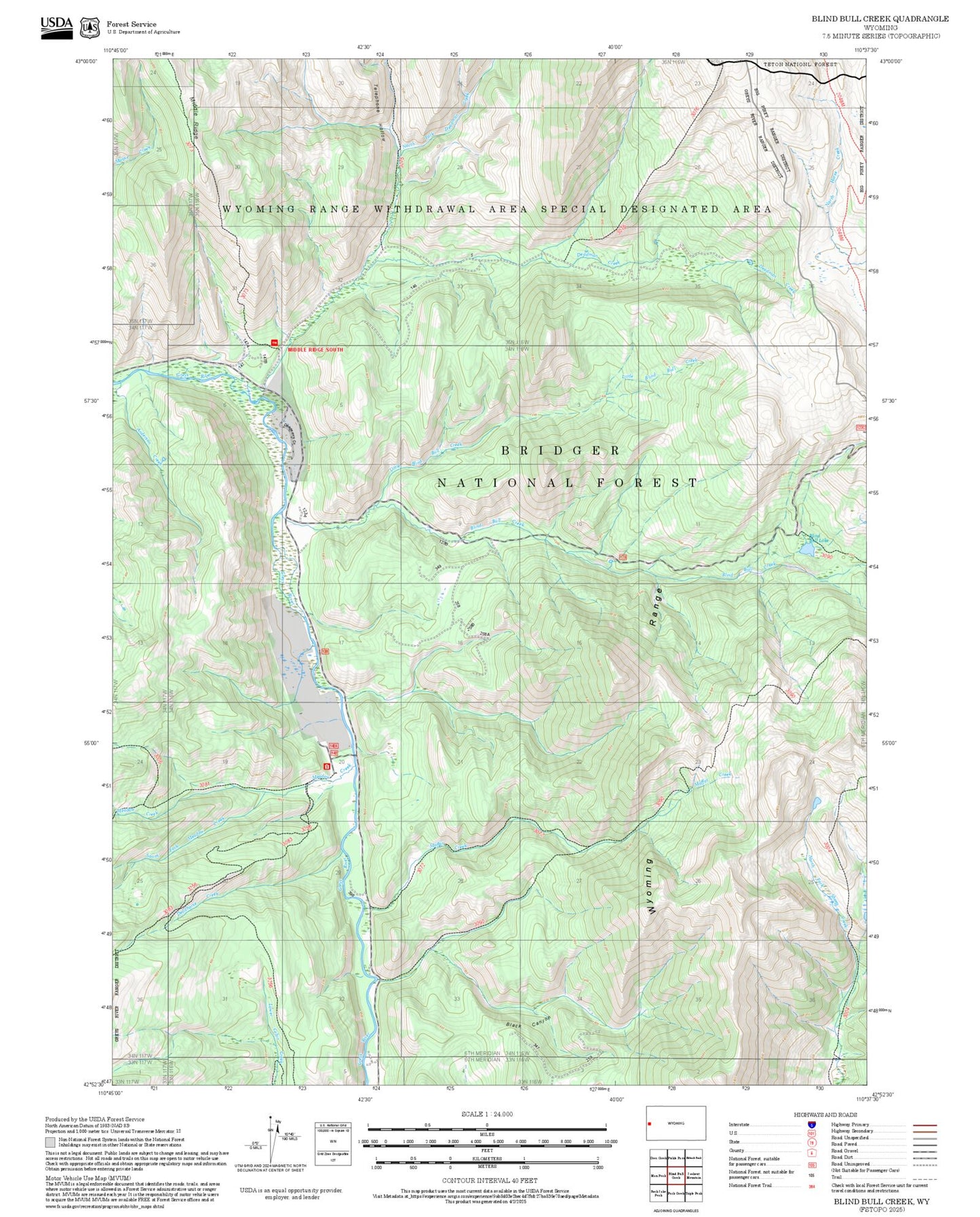 2025 Forest Service Topo Map of Blind Bull Creek Wyoming