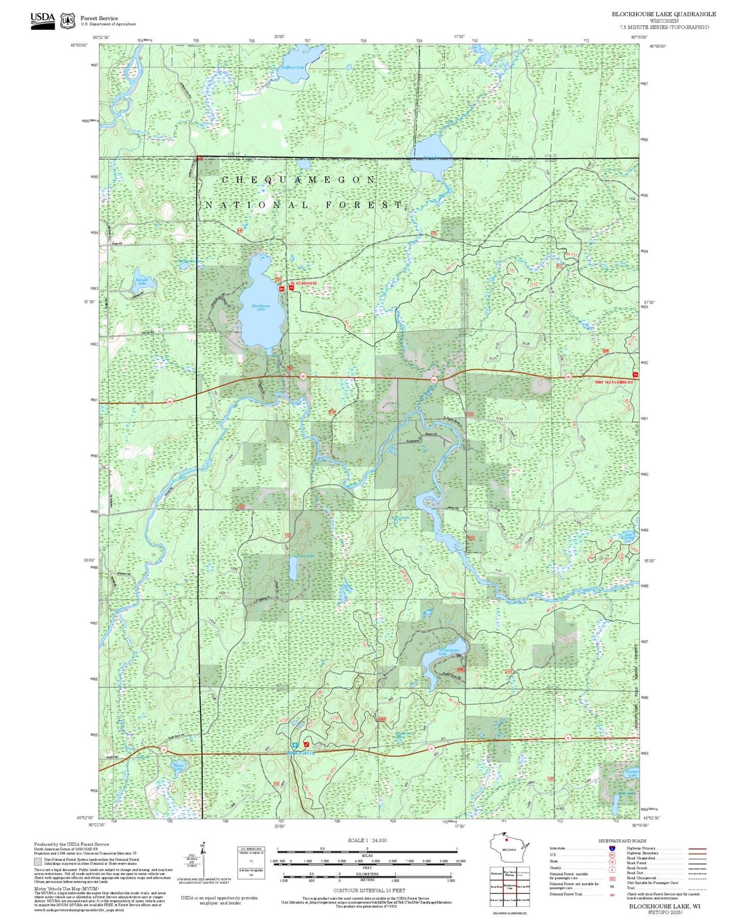 2025 Forest Service Topo Map of Blockhouse Lake Wisconsin