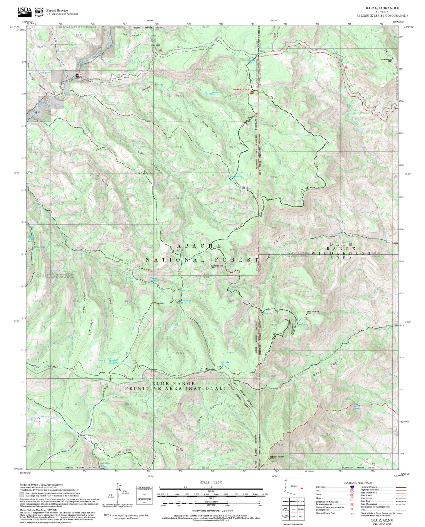 2025 Forest Service Topo Map of Blue Arizona