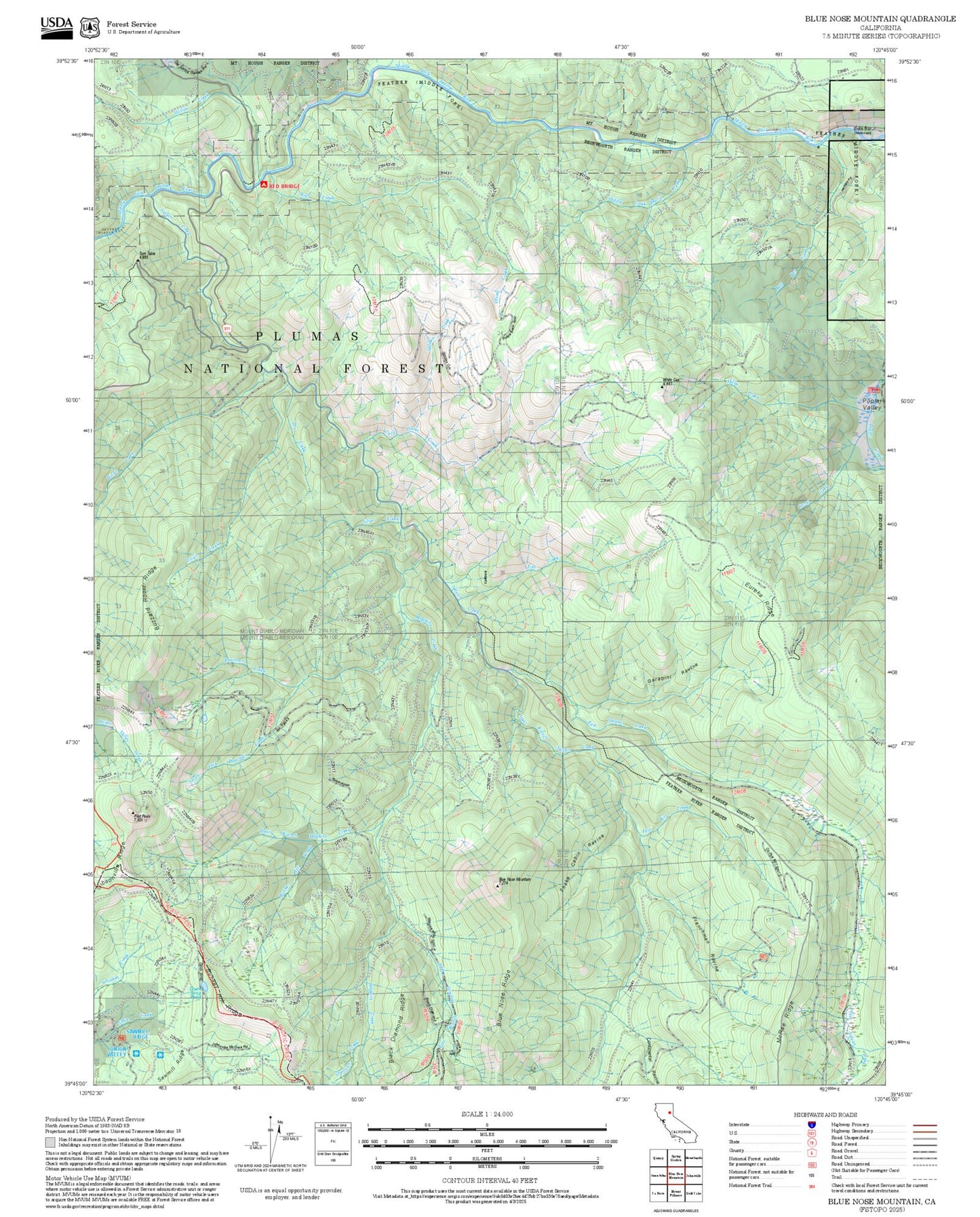 2025 Forest Service Topo Map of Blue Nose Mountain California