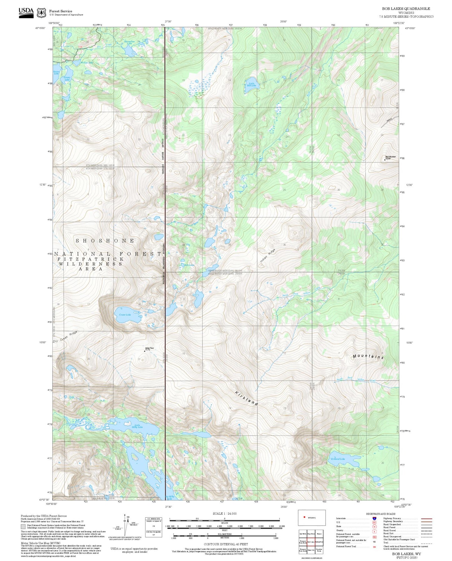 2025 Forest Service Topo Map of Bob Lakes Wyoming