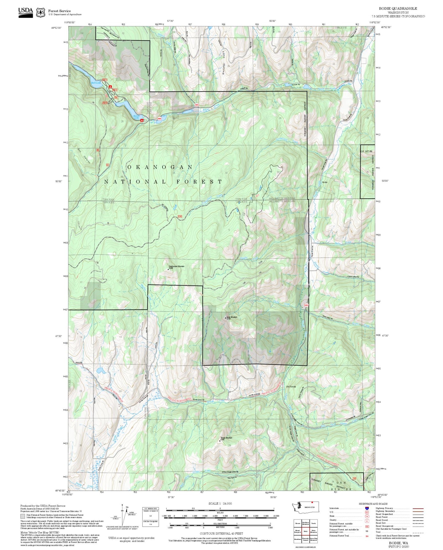 2025 Forest Service Topo Map of Bodie Washington