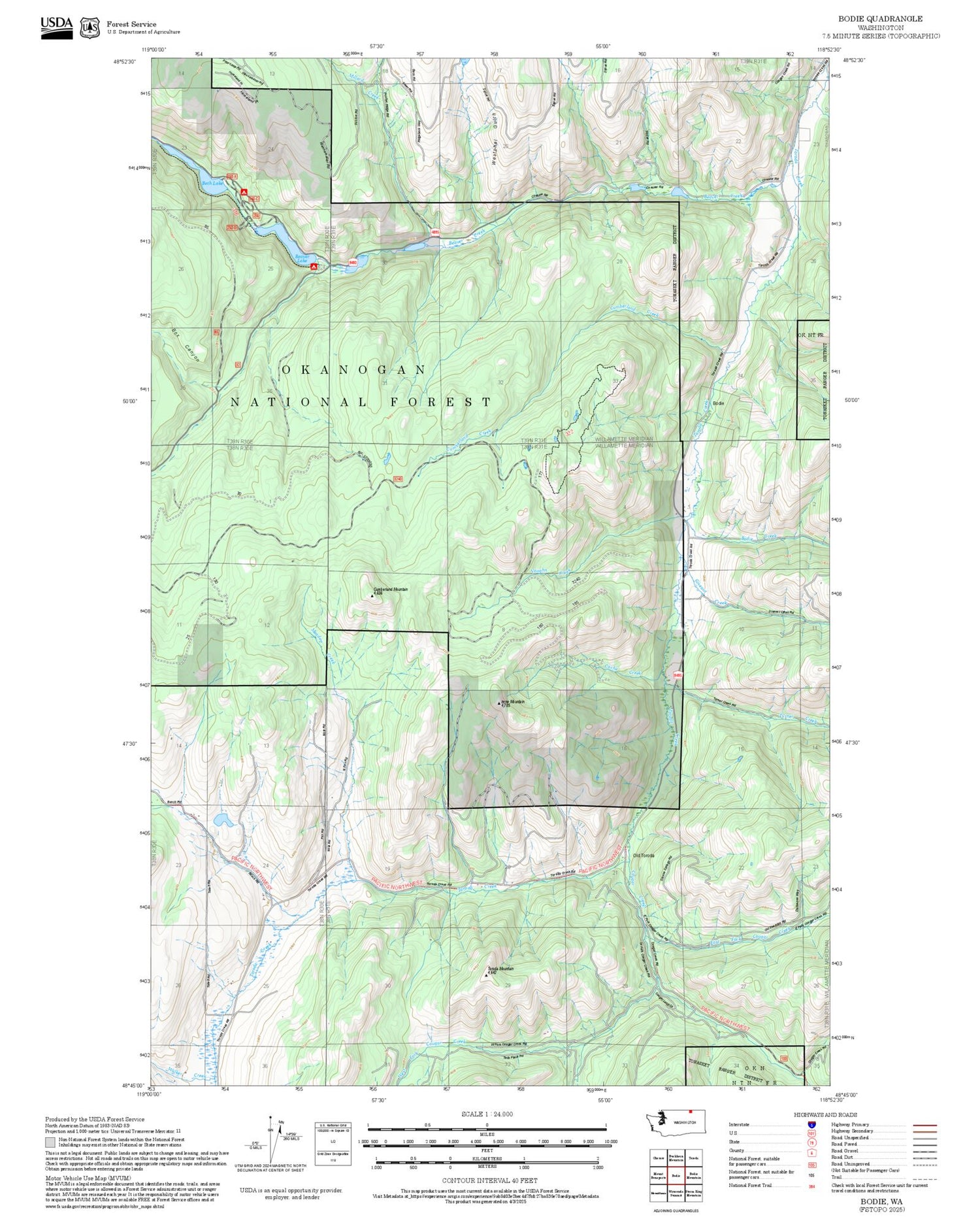 2025 Forest Service Topo Map of Bodie Washington
