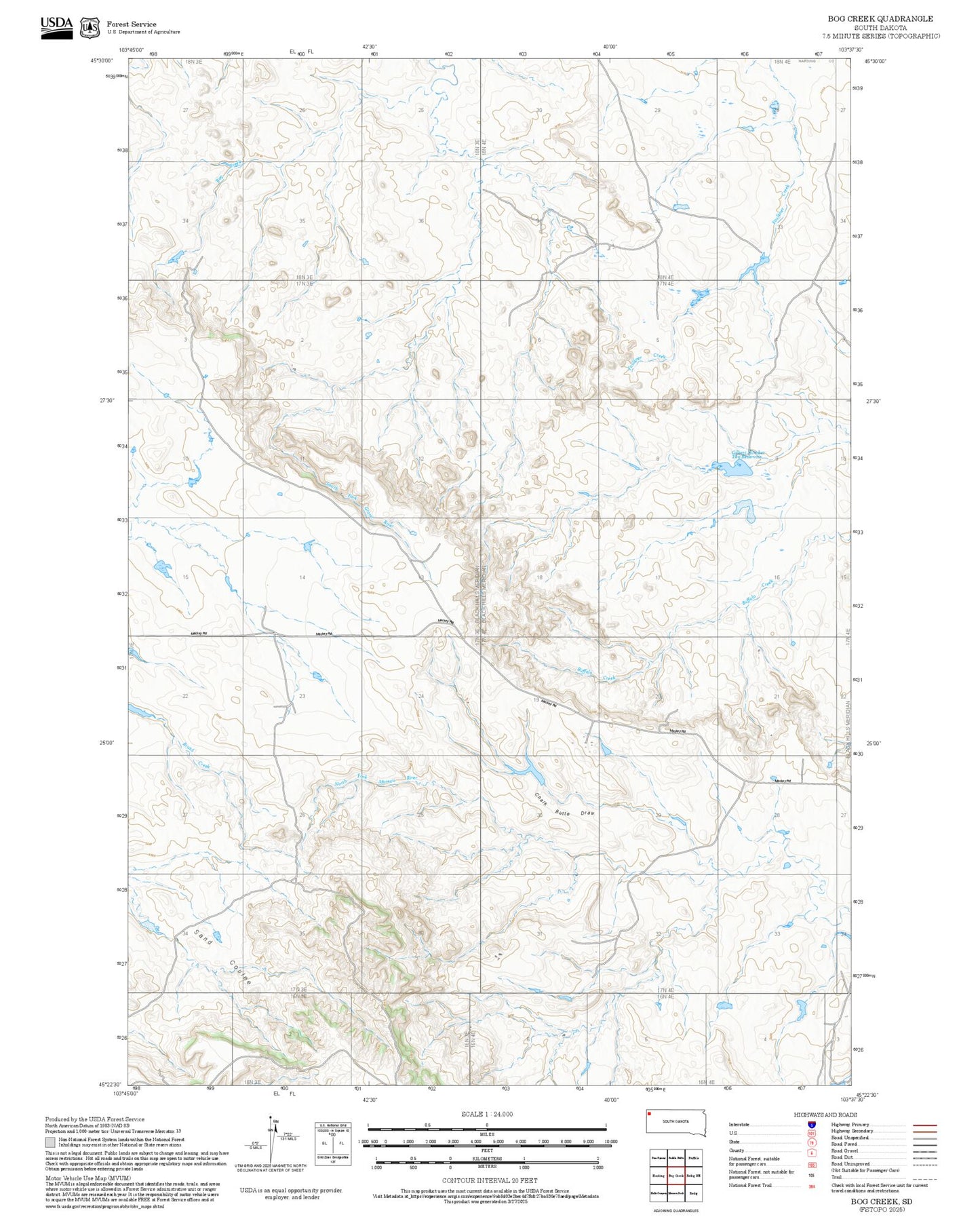 2025 Forest Service Topo Map of Bog Creek South Dakota