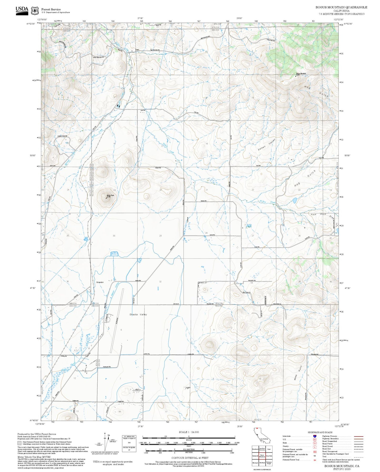 2025 Forest Service Topo Map of Bogus Mountain California
