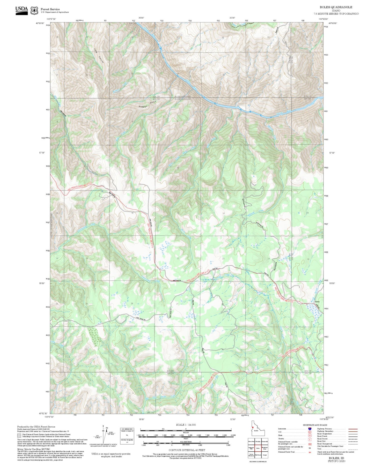 2025 Forest Service Topo Map of Boles Idaho