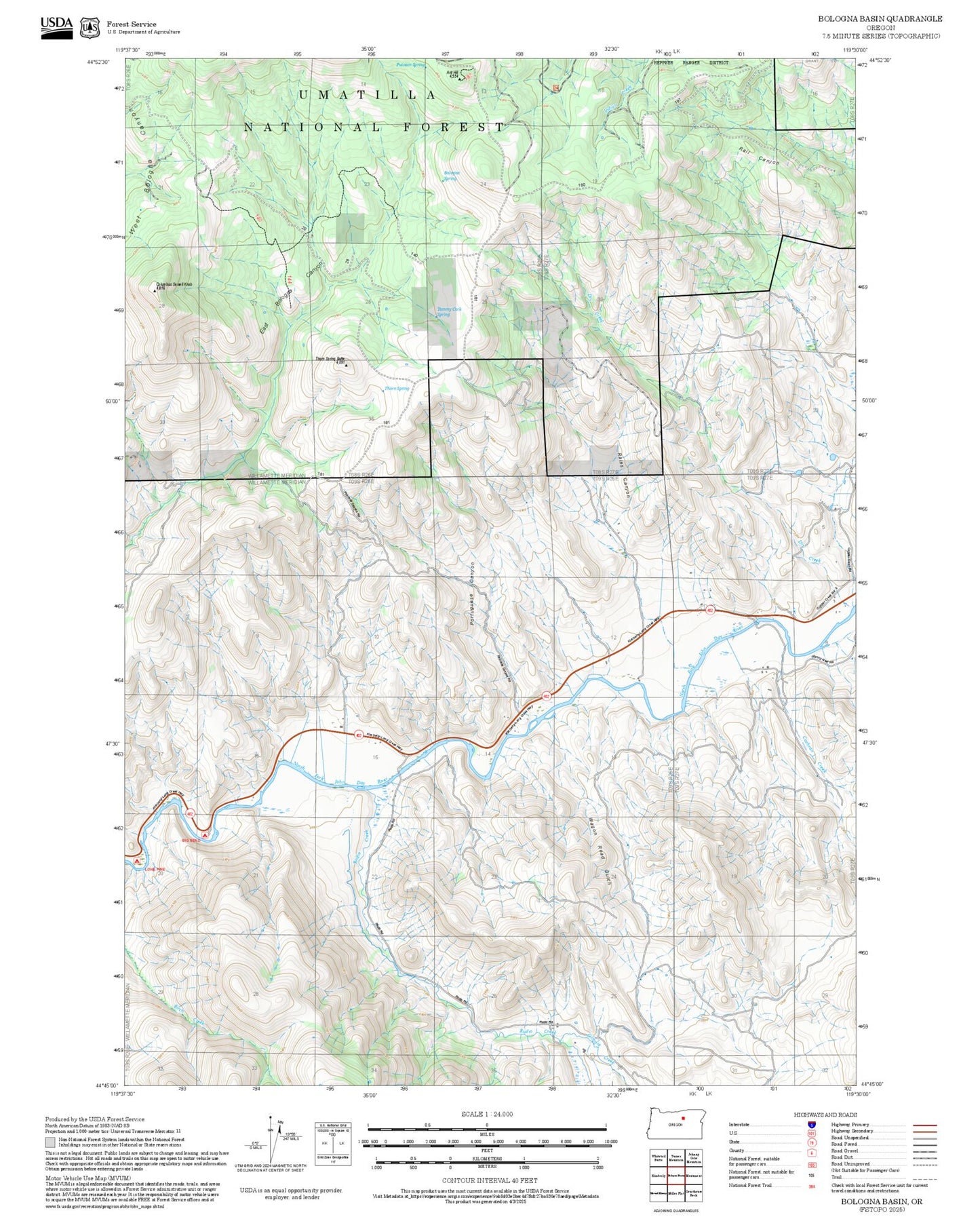 2025 Forest Service Topo Map of Bologna Basin Oregon