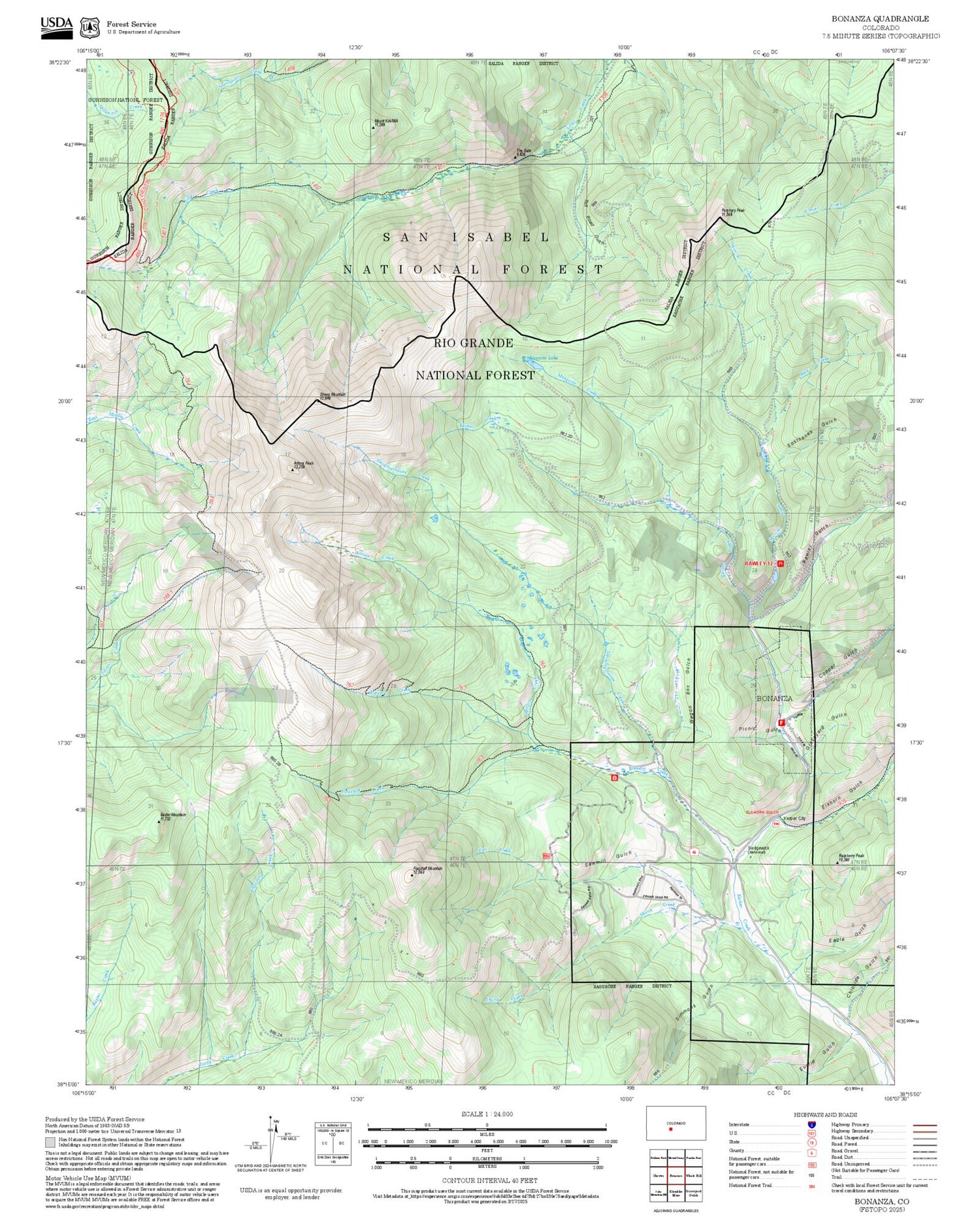 2025 Forest Service Topo Map of Bonanza Colorado