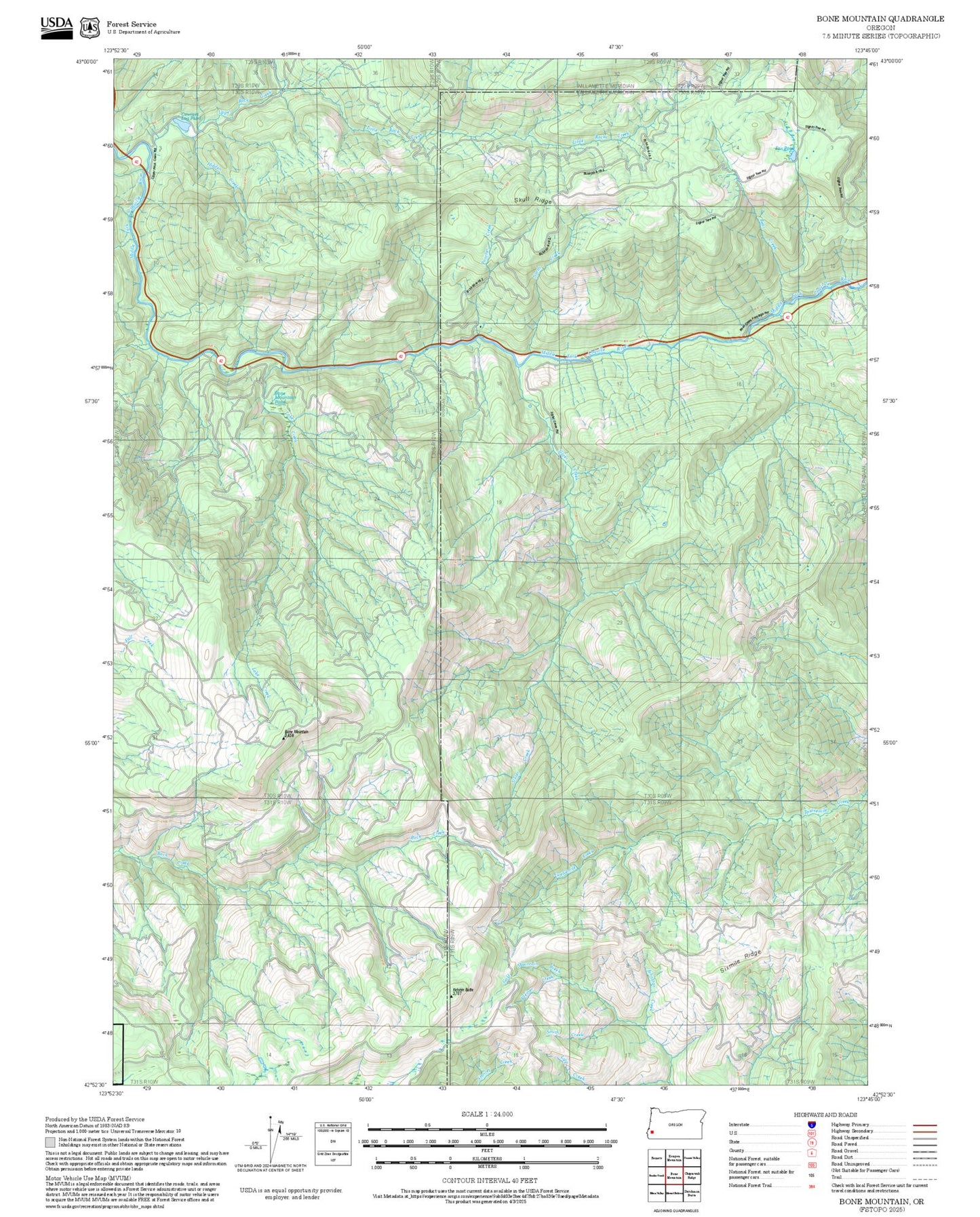 2025 Forest Service Topo Map of Bone Mountain Oregon