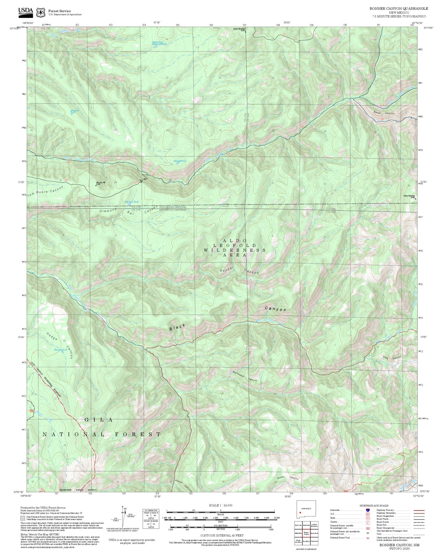 2025 Forest Service Topo Map of Bonner Canyon New Mexico