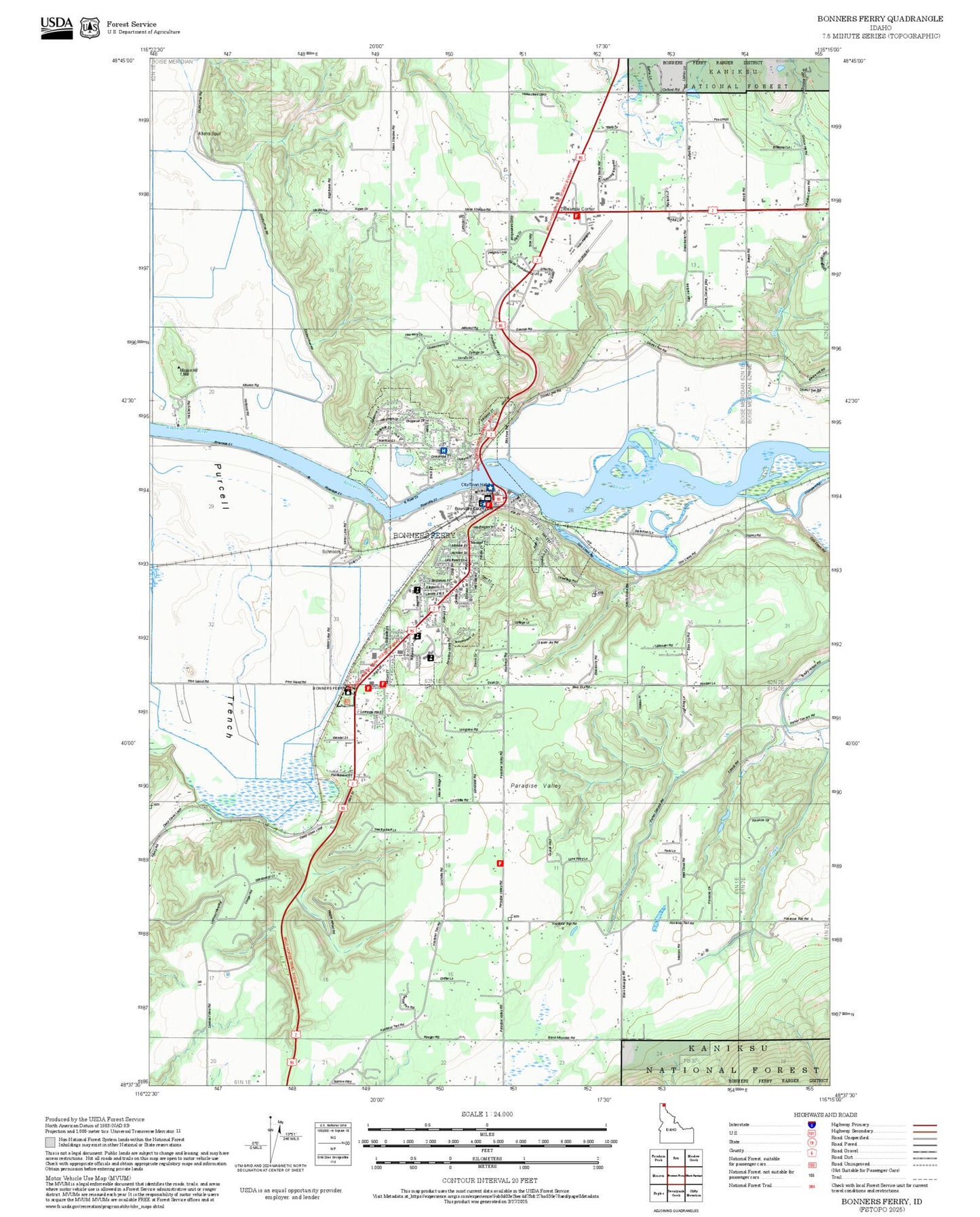 2025 Forest Service Topo Map of Bonners Ferry Idaho