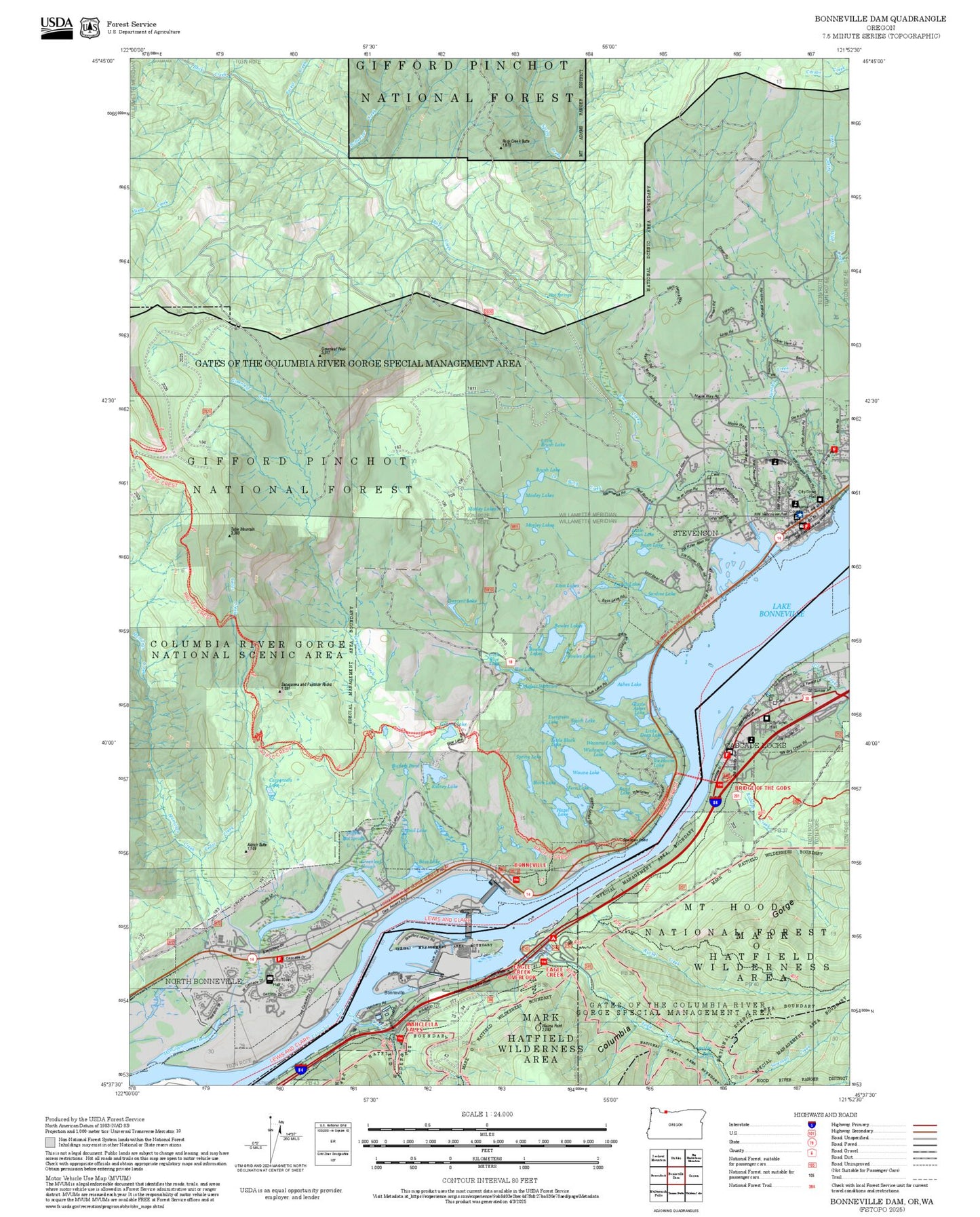 2025 Forest Service Topo Map of Bonneville Dam Oregon
