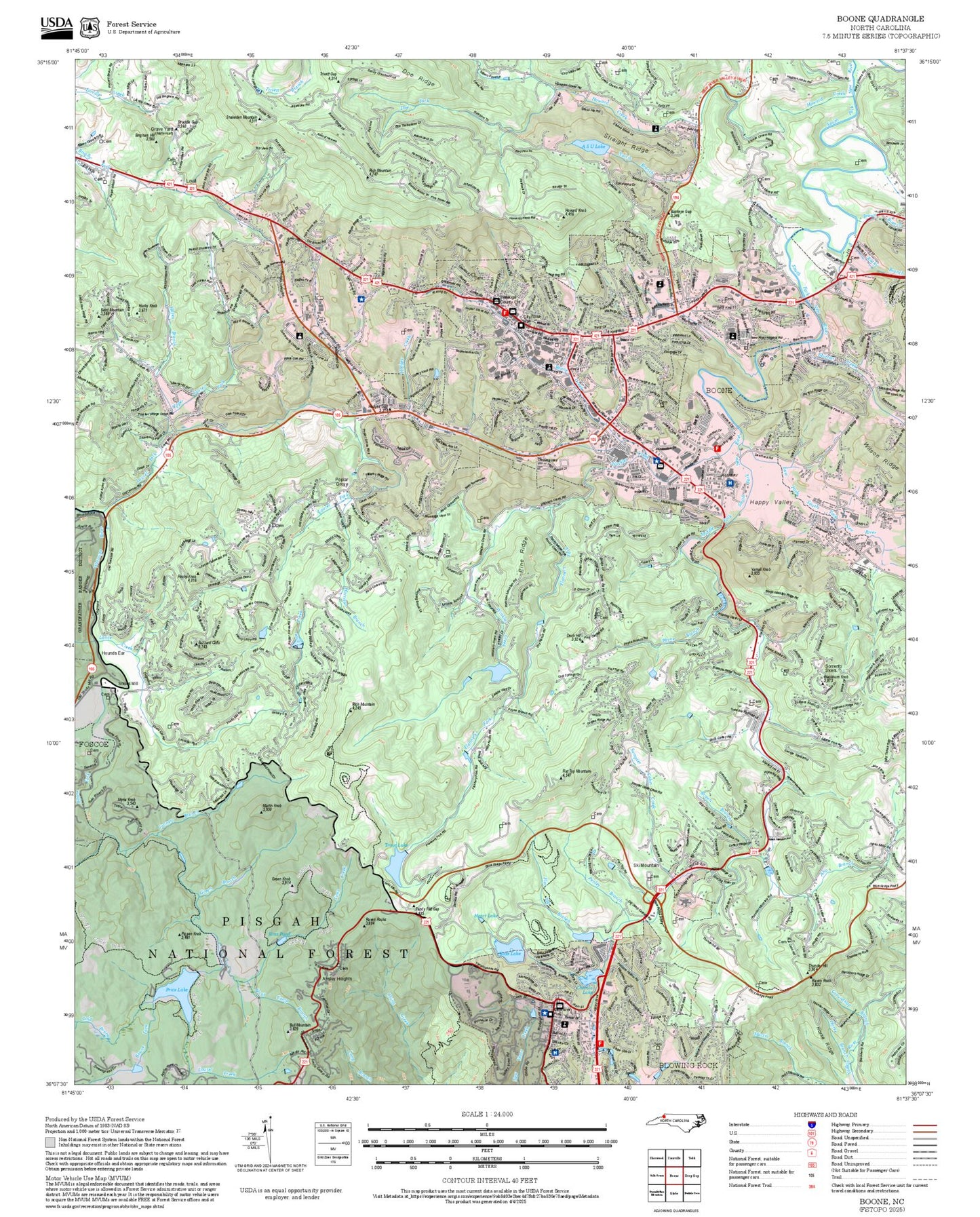 2025 Forest Service Topo Map of Boone North Carolina