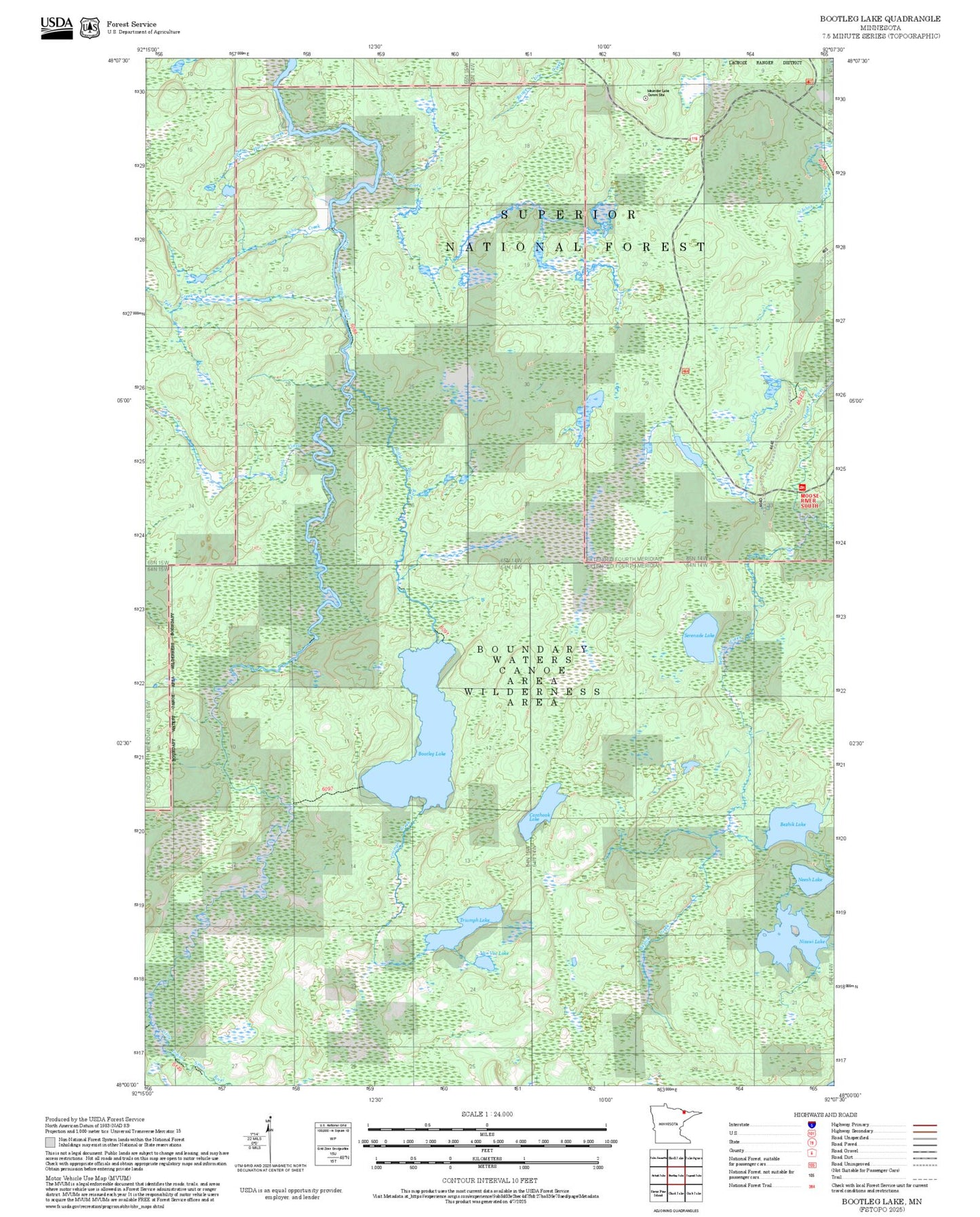 2025 Forest Service Topo Map of Bootleg Lake Minnesota
