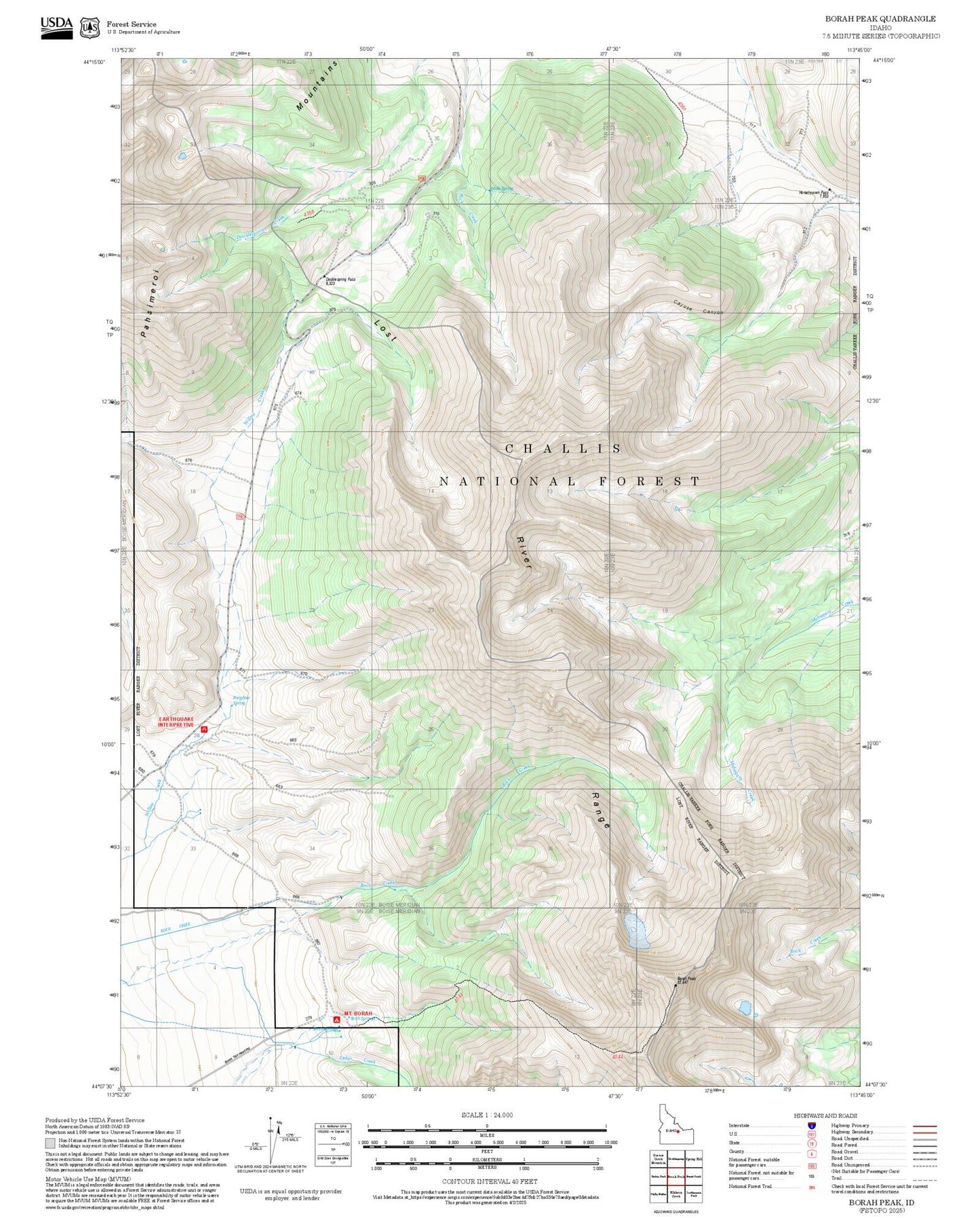 2025 Forest Service Topo Map of Borah Peak Idaho