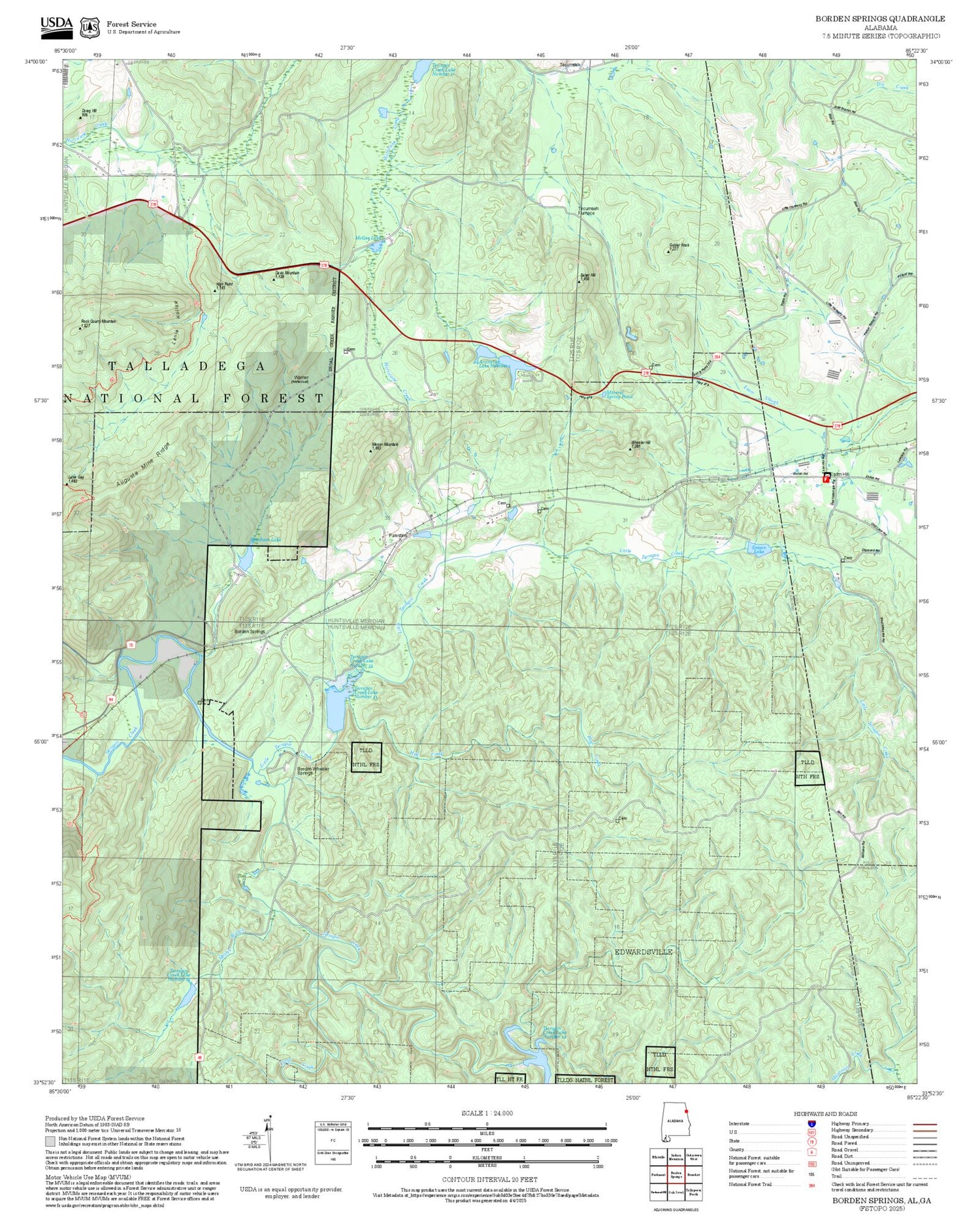 2025 Forest Service Topo Map of Borden Springs Alabama