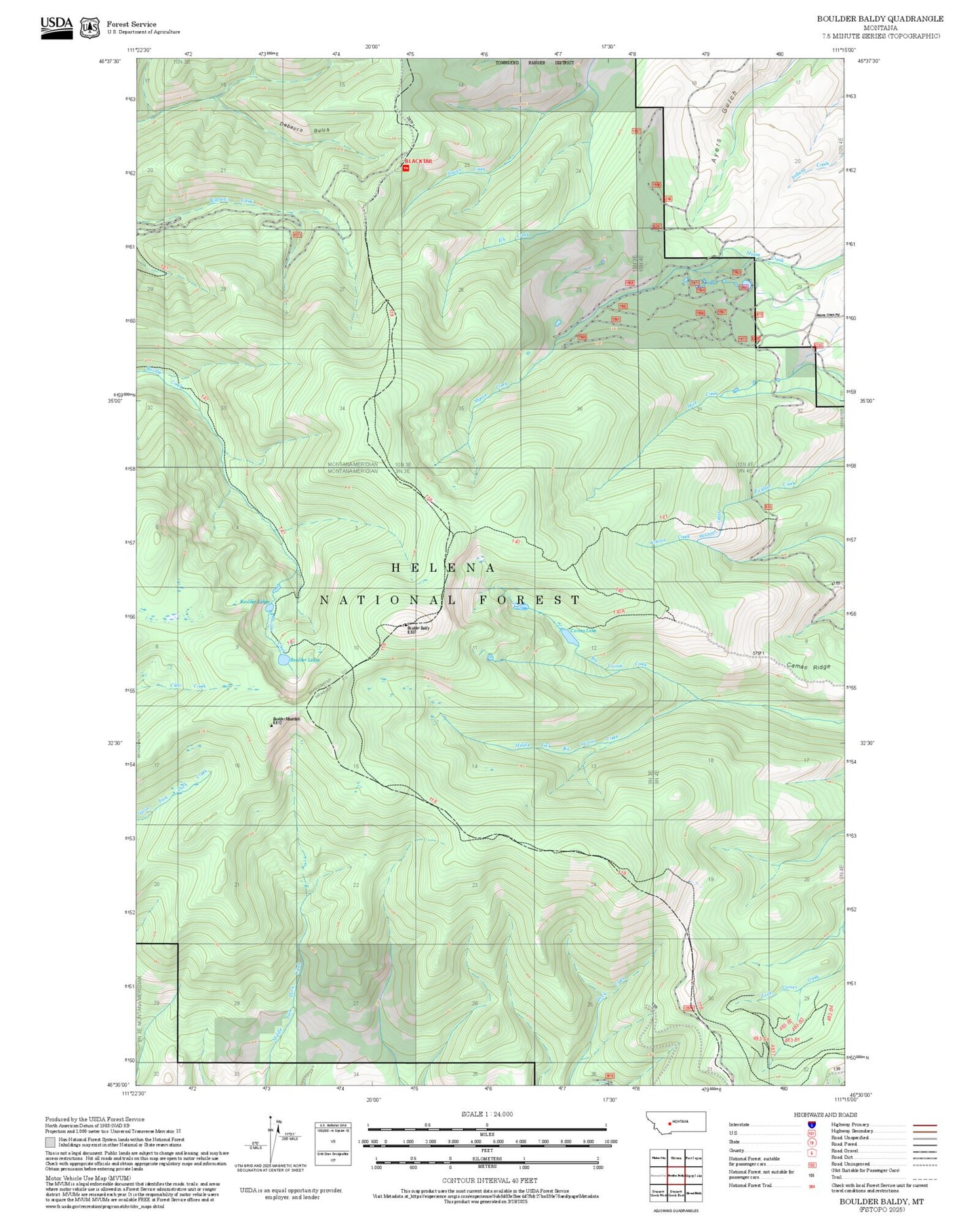 2025 Forest Service Topo Map of Boulder Baldy Montana