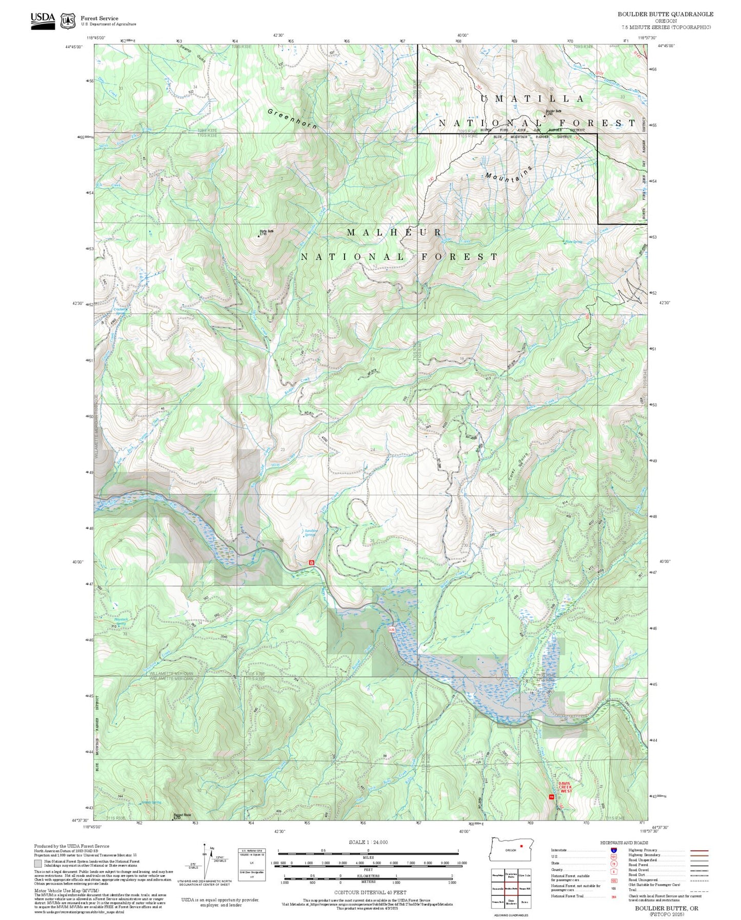 2025 Forest Service Topo Map of Boulder Butte Oregon