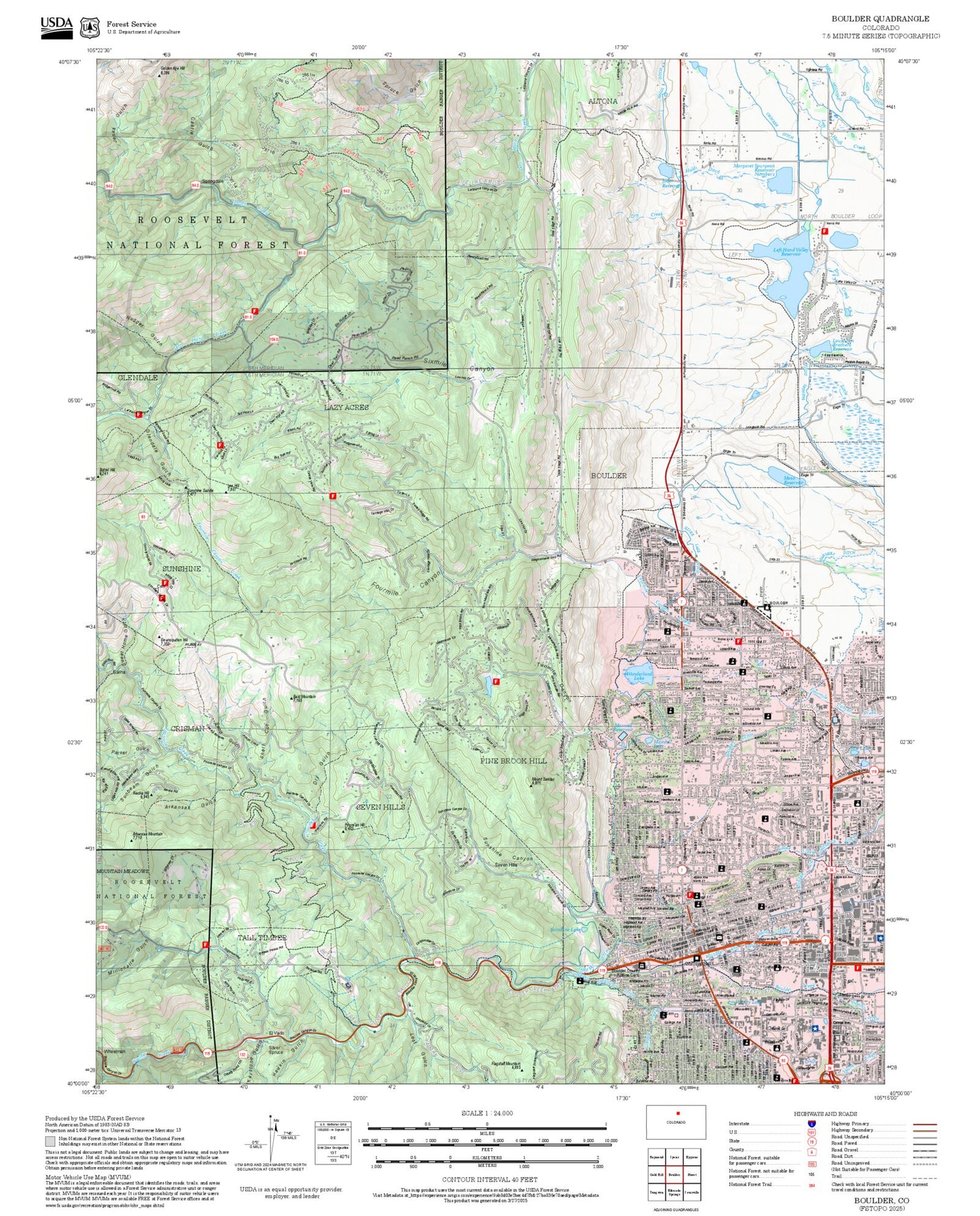 2025 Forest Service Topo Map of Boulder Colorado