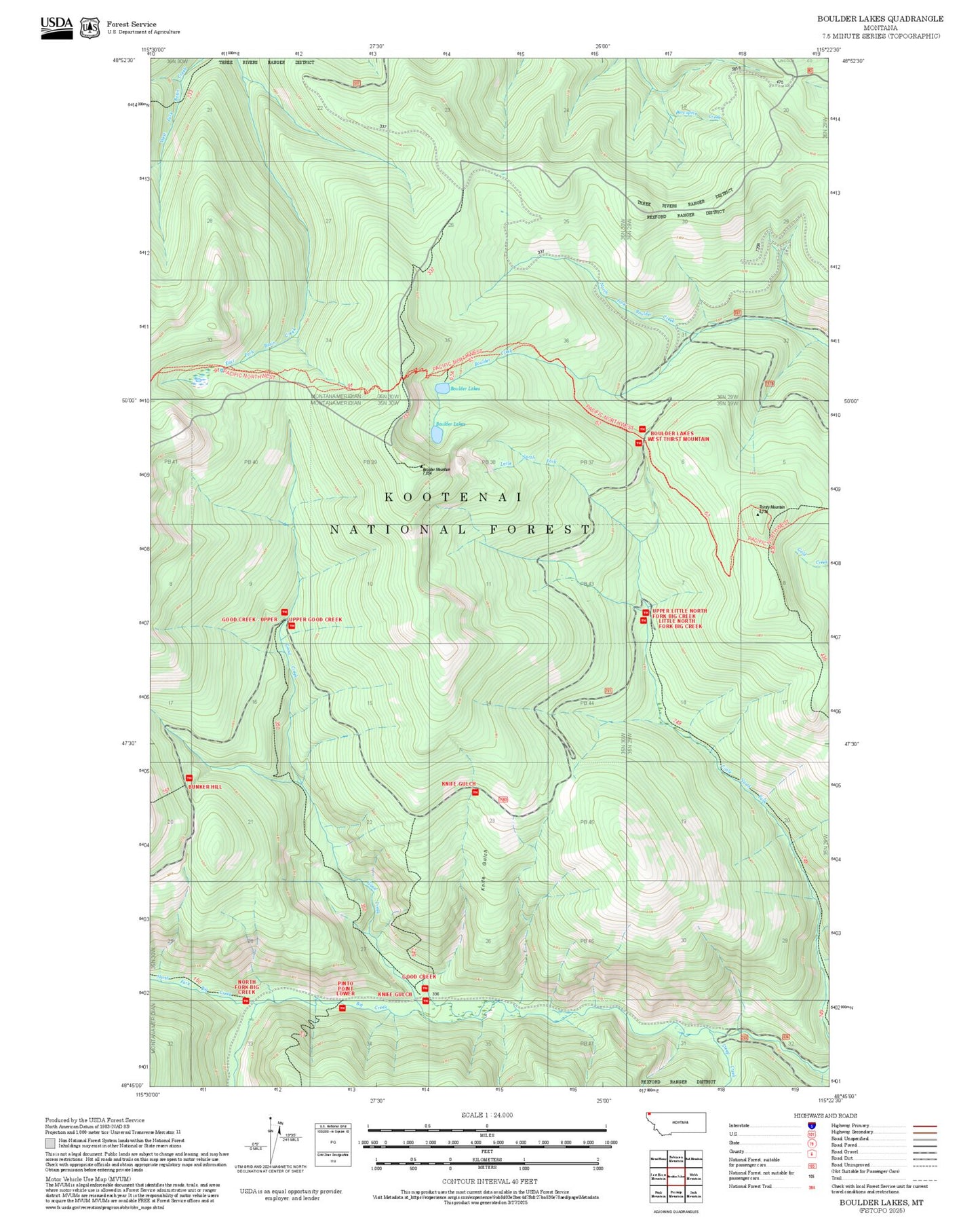 2025 Forest Service Topo Map of Boulder Lakes Montana
