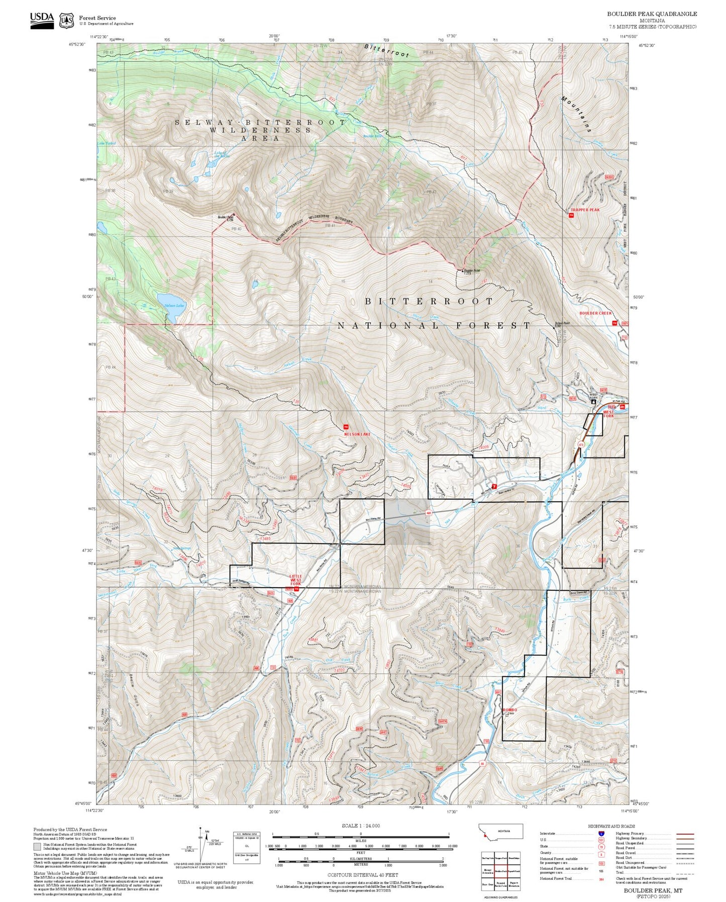 2025 Forest Service Topo Map of Boulder Peak Montana