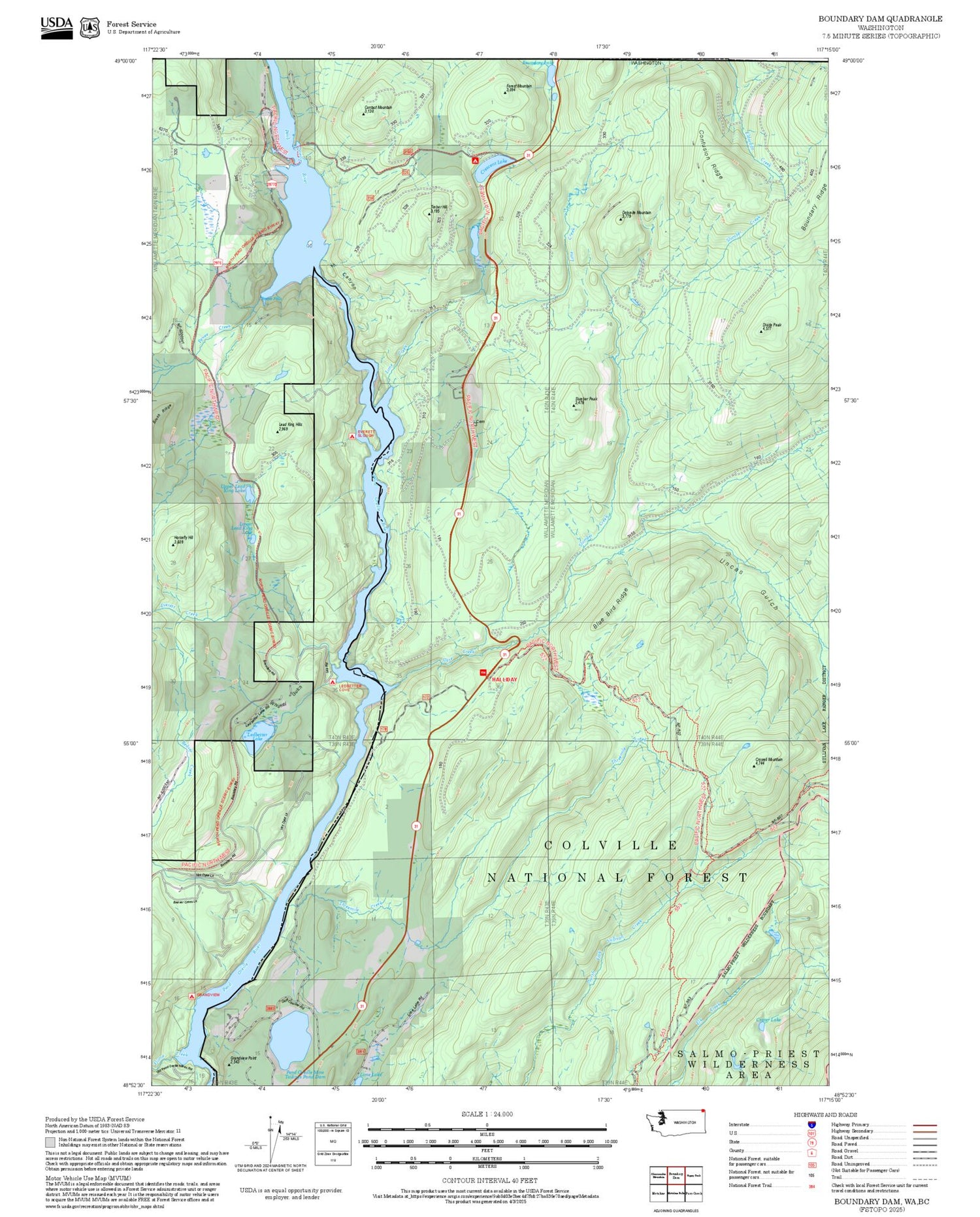 2025 Forest Service Topo Map of Boundary Dam Washington
