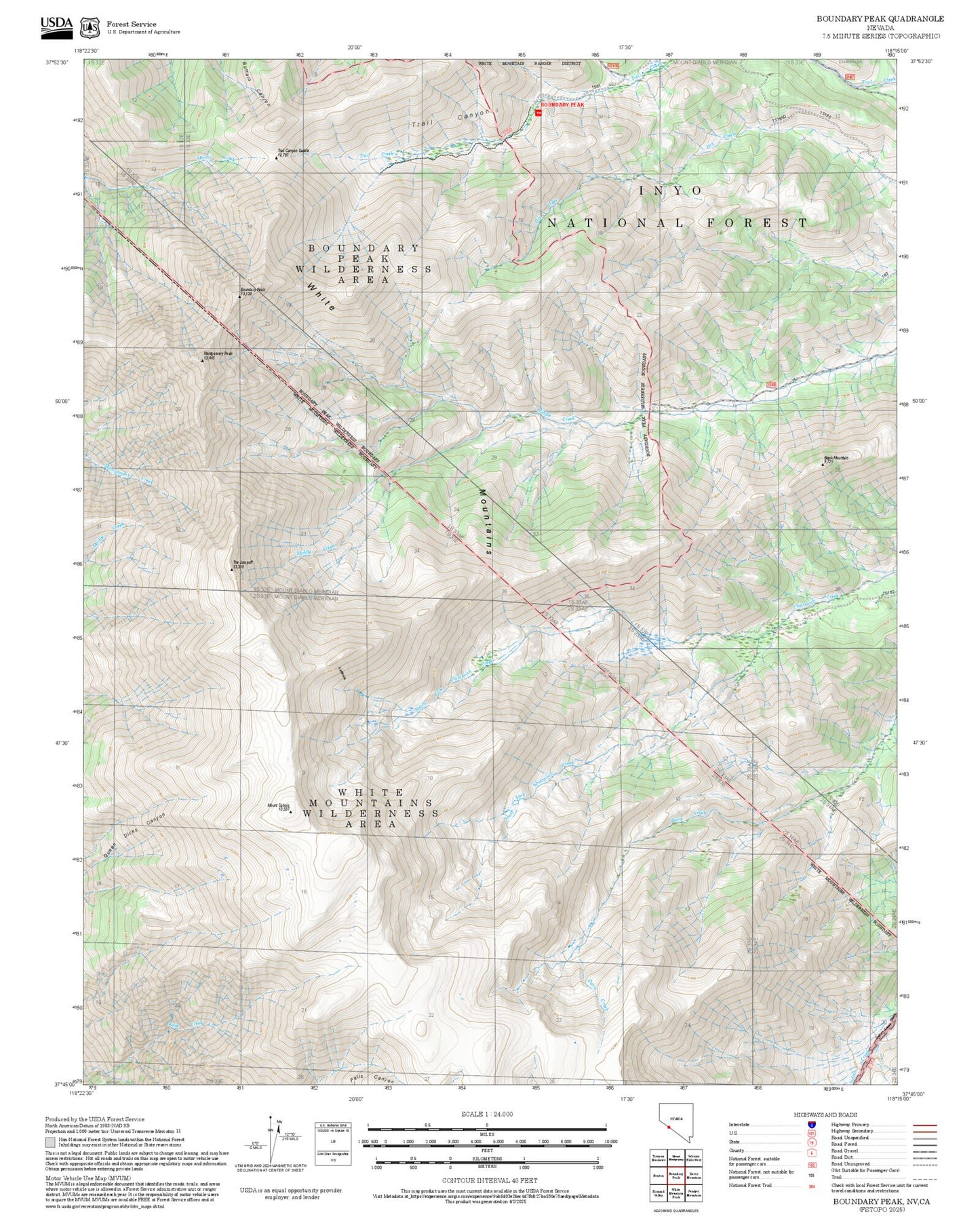 2025 Forest Service Topo Map of Boundary Peak Nevada