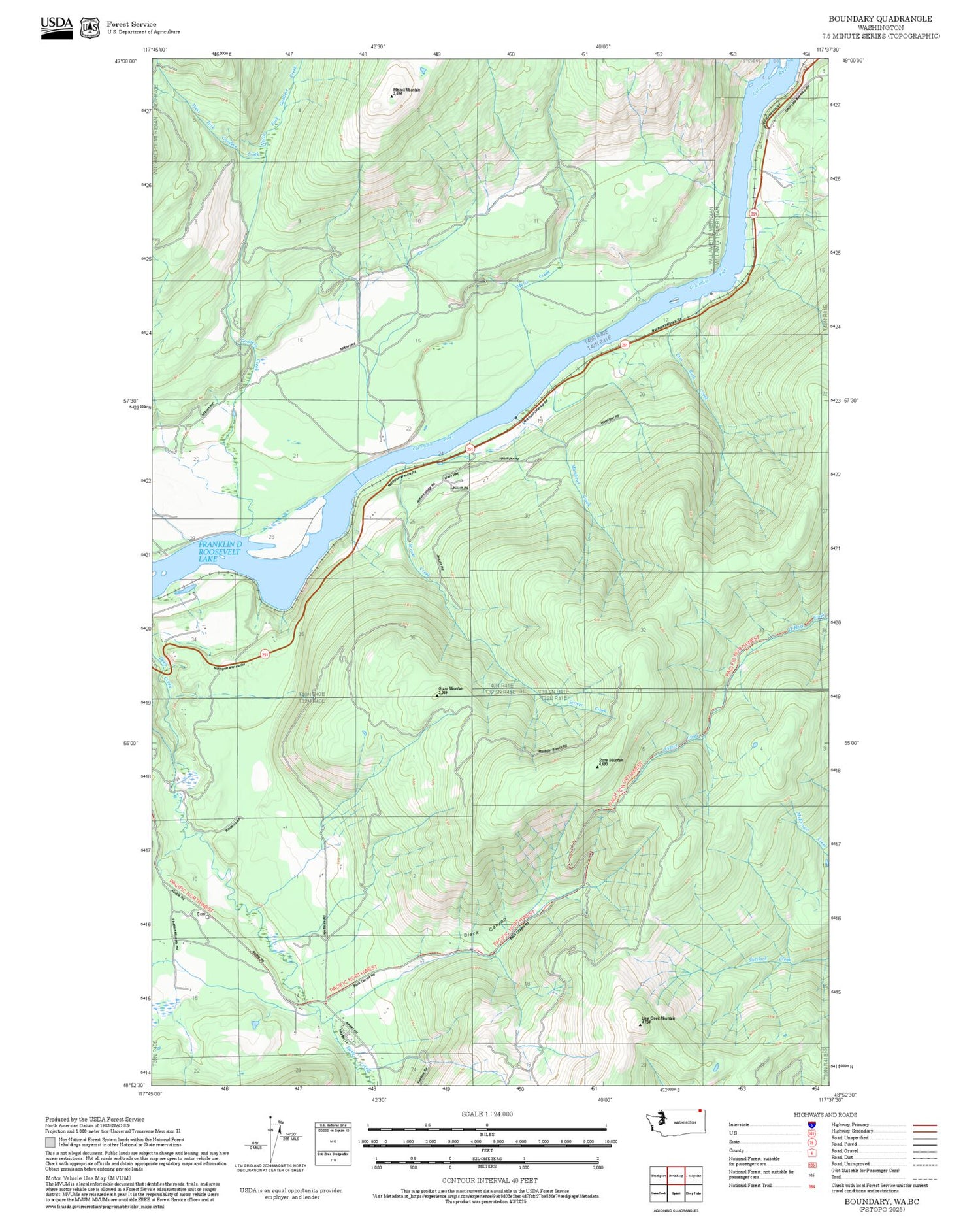 2025 Forest Service Topo Map of Boundary Washington