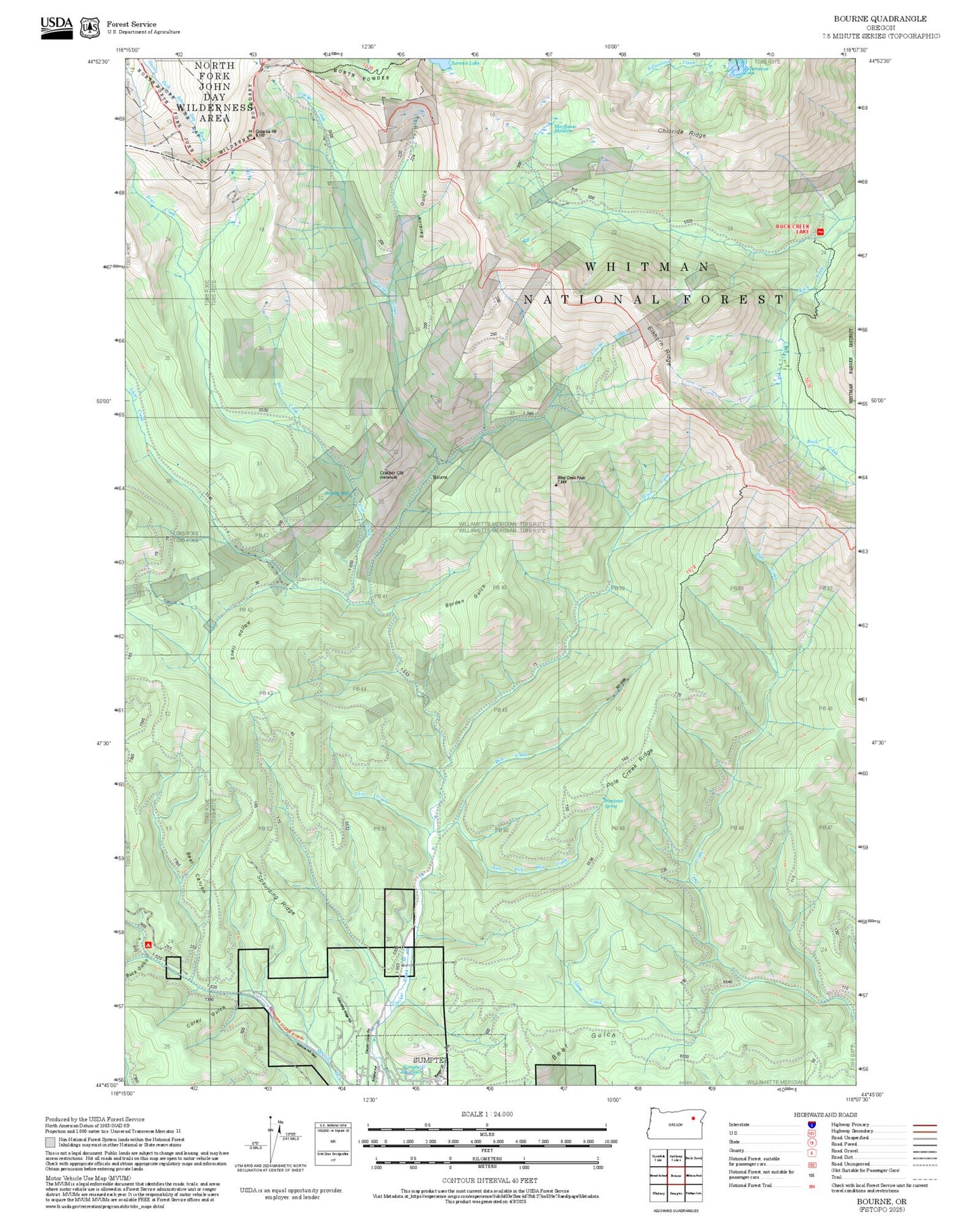 2025 Forest Service Topo Map of Bourne Oregon