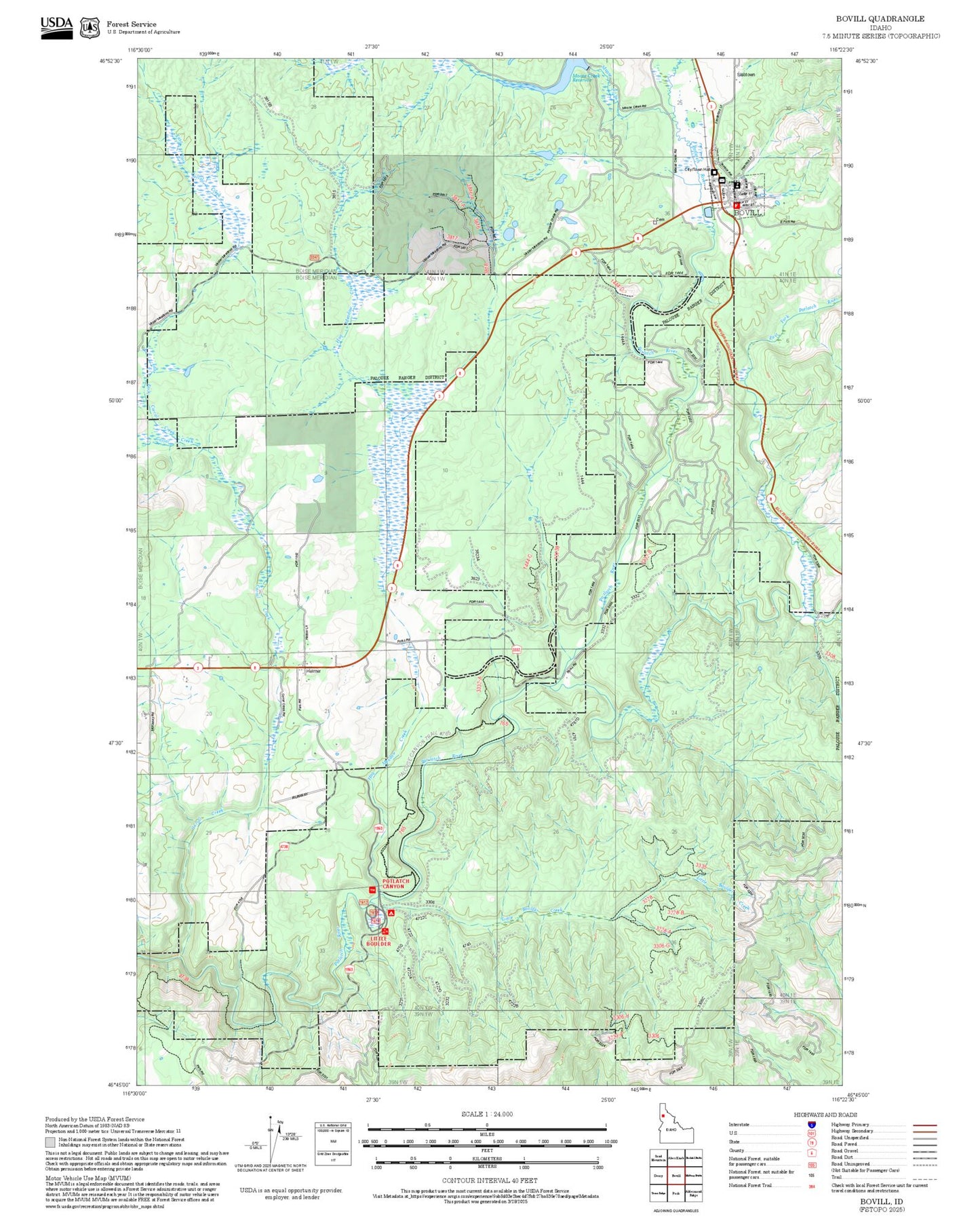 2025 Forest Service Topo Map of Bovill Idaho