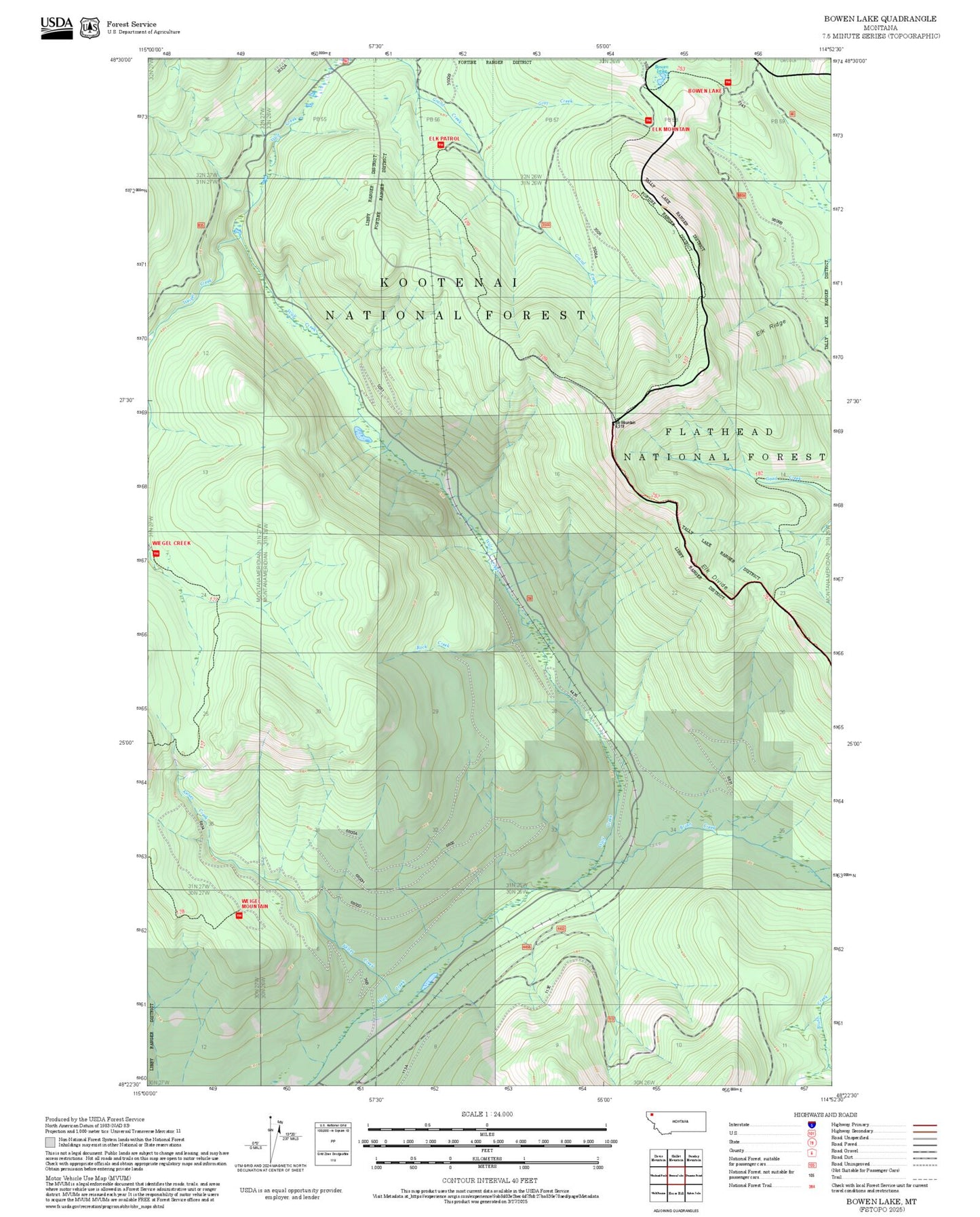 2025 Forest Service Topo Map of Bowen Lake Montana