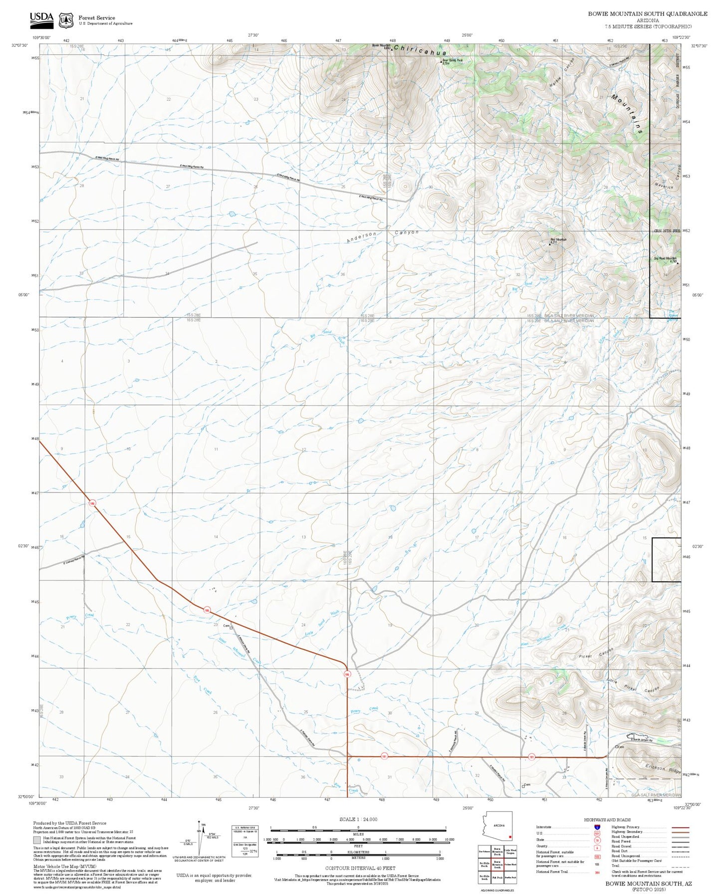 2025 Forest Service Topo Map of Bowie Mountain South Arizona