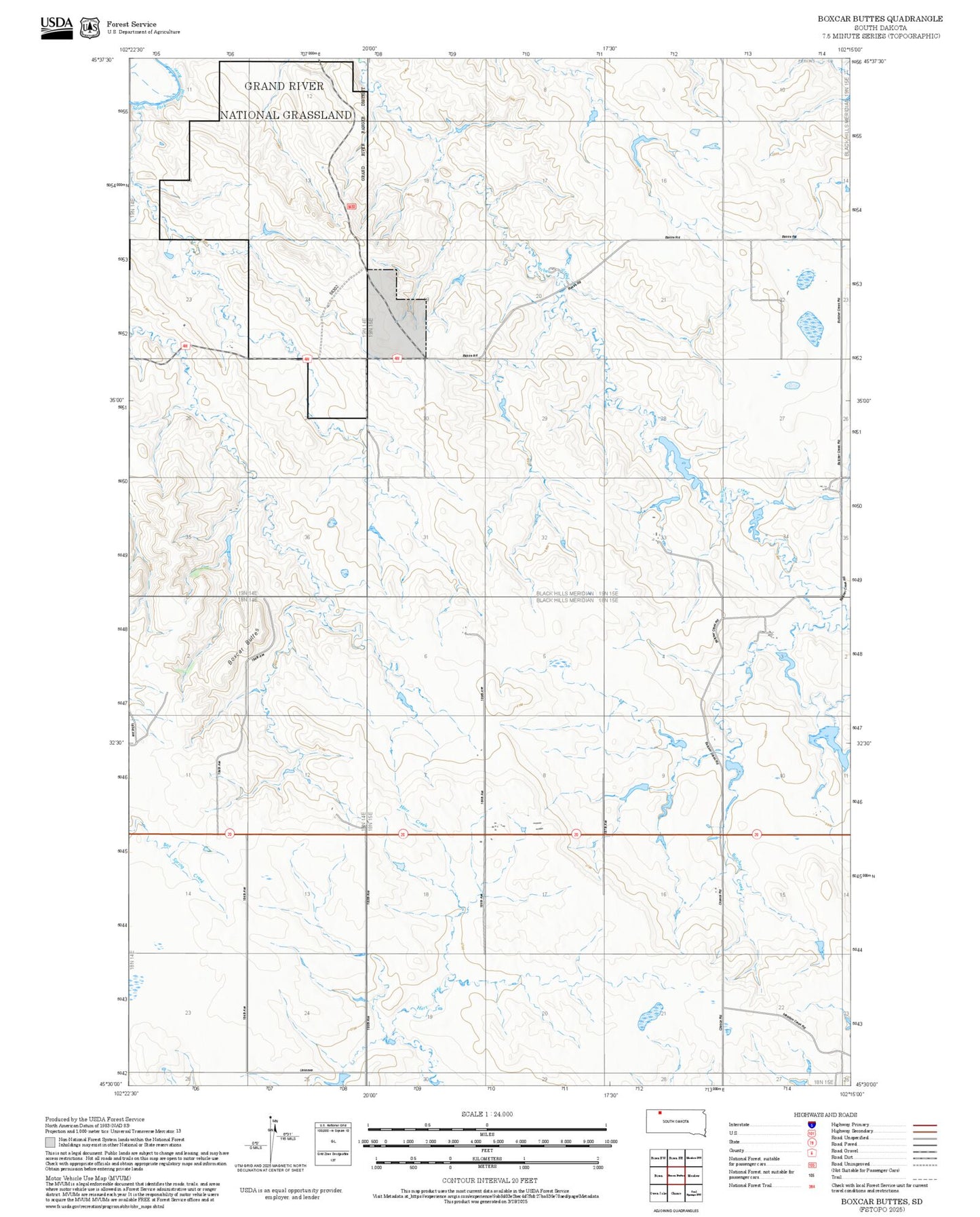 2025 Forest Service Topo Map of Boxcar Buttes South Dakota
