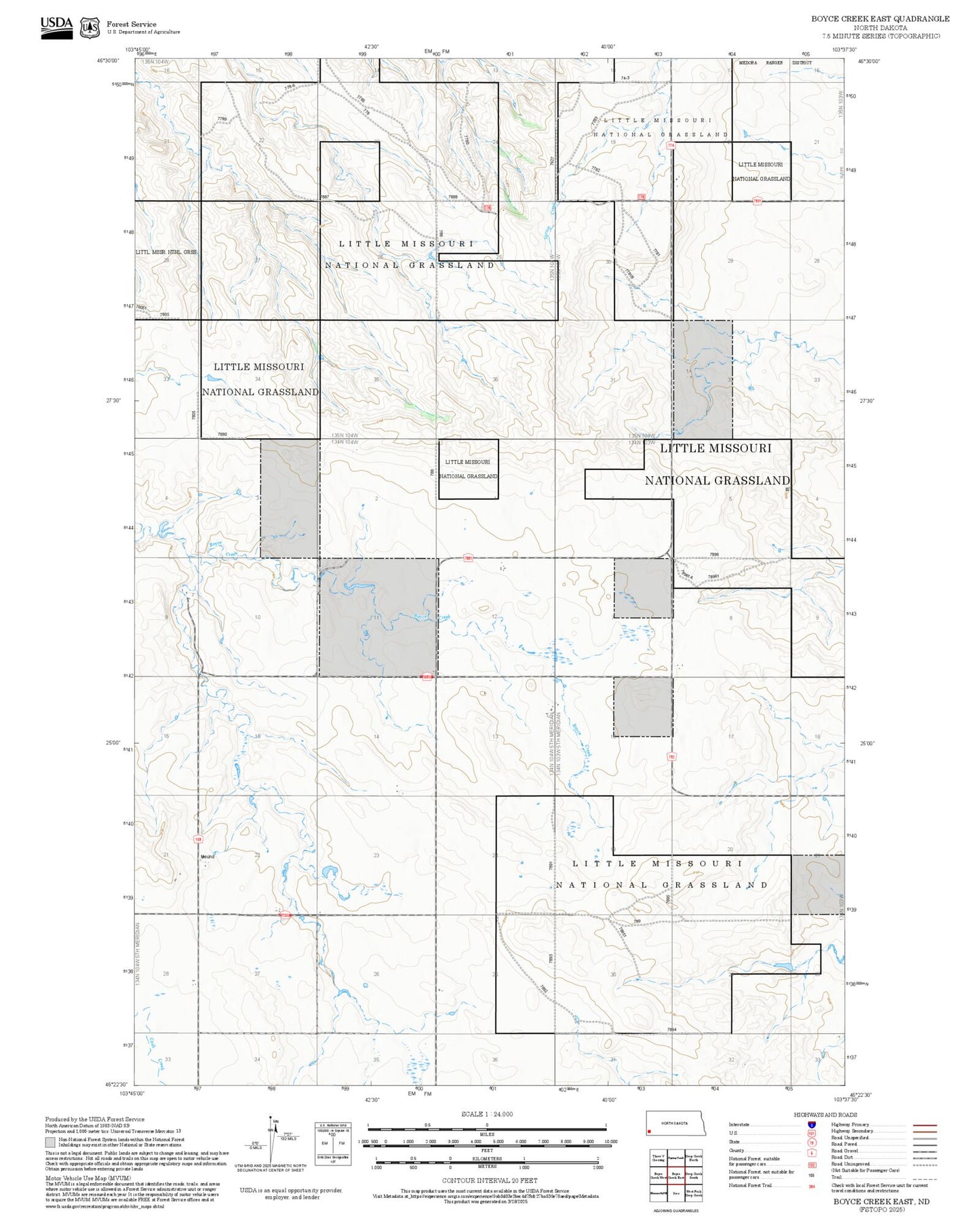 2025 Forest Service Topo Map of Boyce Creek East North Dakota