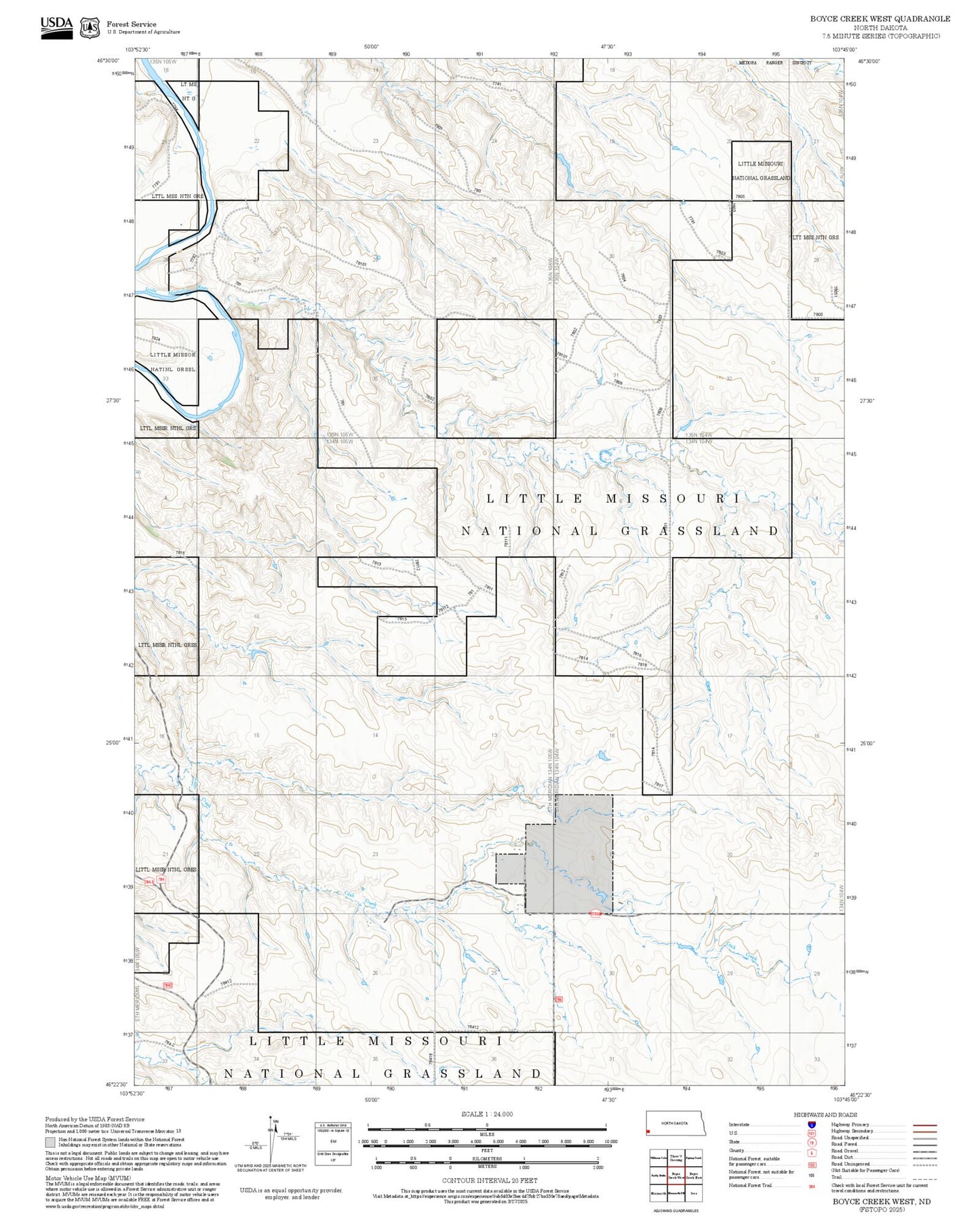 2025 Forest Service Topo Map of Boyce Creek West North Dakota