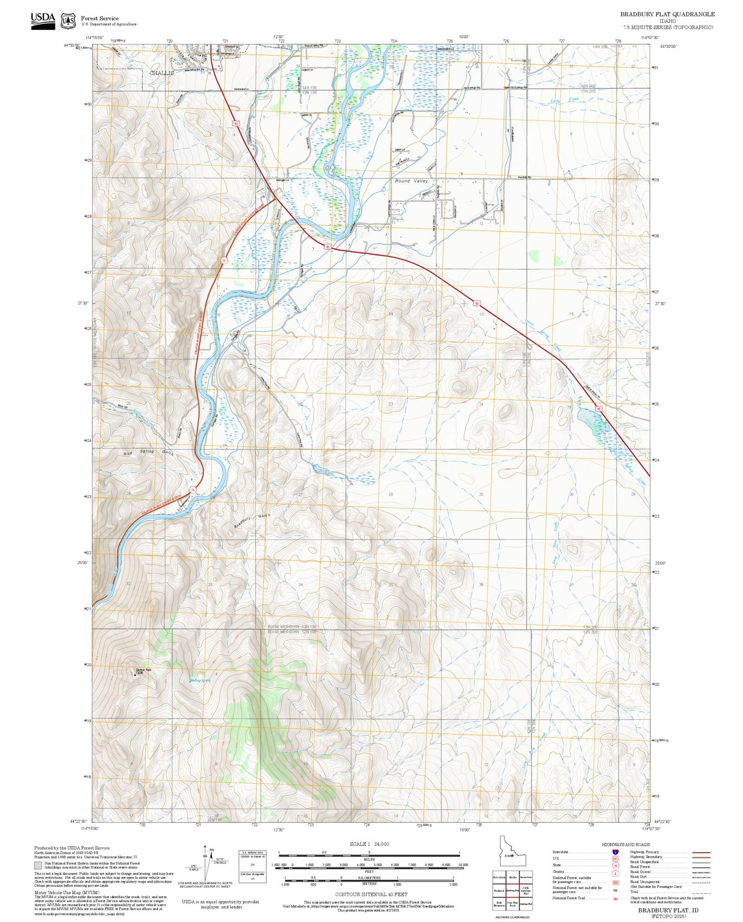 2025 Forest Service Topo Map of Bradbury Flat Idaho