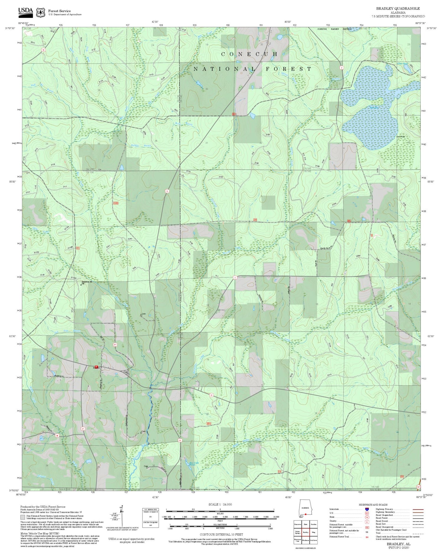 2025 Forest Service Topo Map of Bradley Alabama