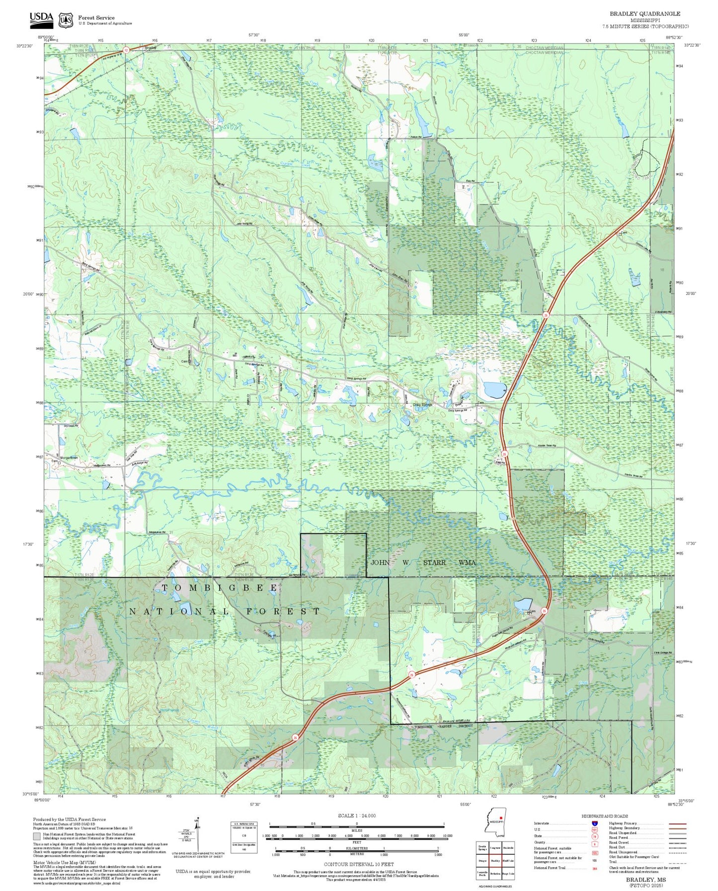 2025 Forest Service Topo Map of Bradley Mississippi