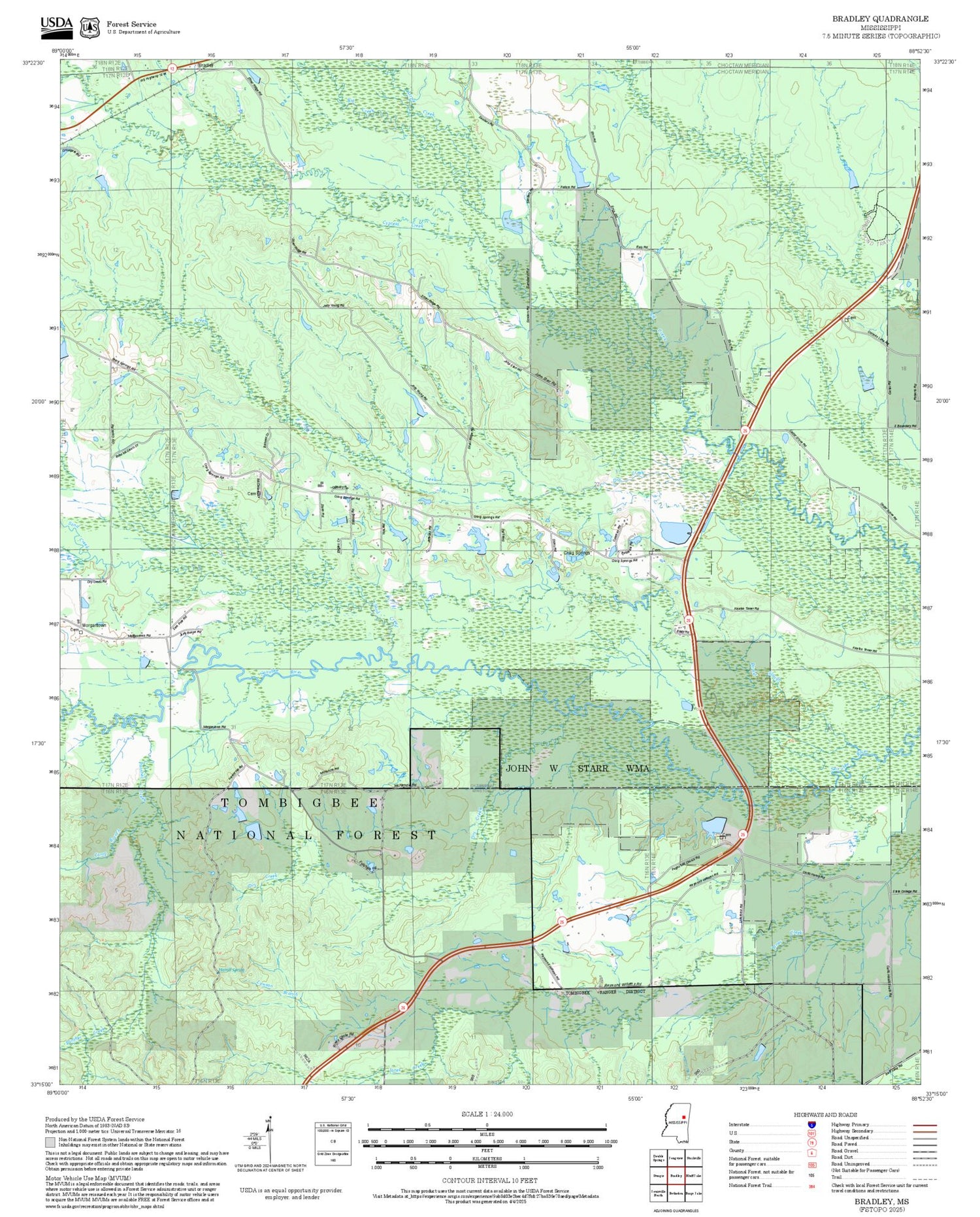 2025 Forest Service Topo Map of Bradley Mississippi