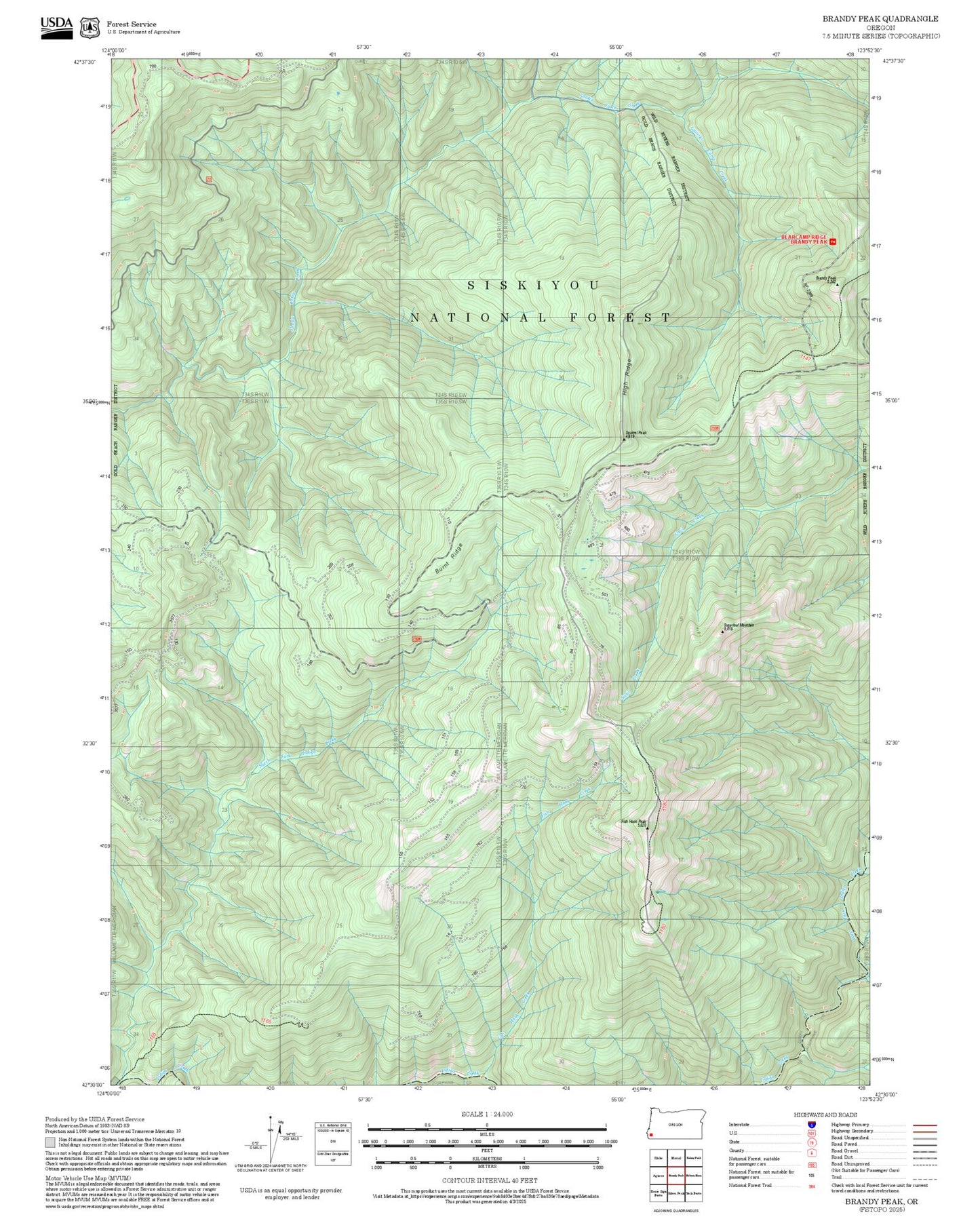 2025 Forest Service Topo Map of Brandy Peak Oregon
