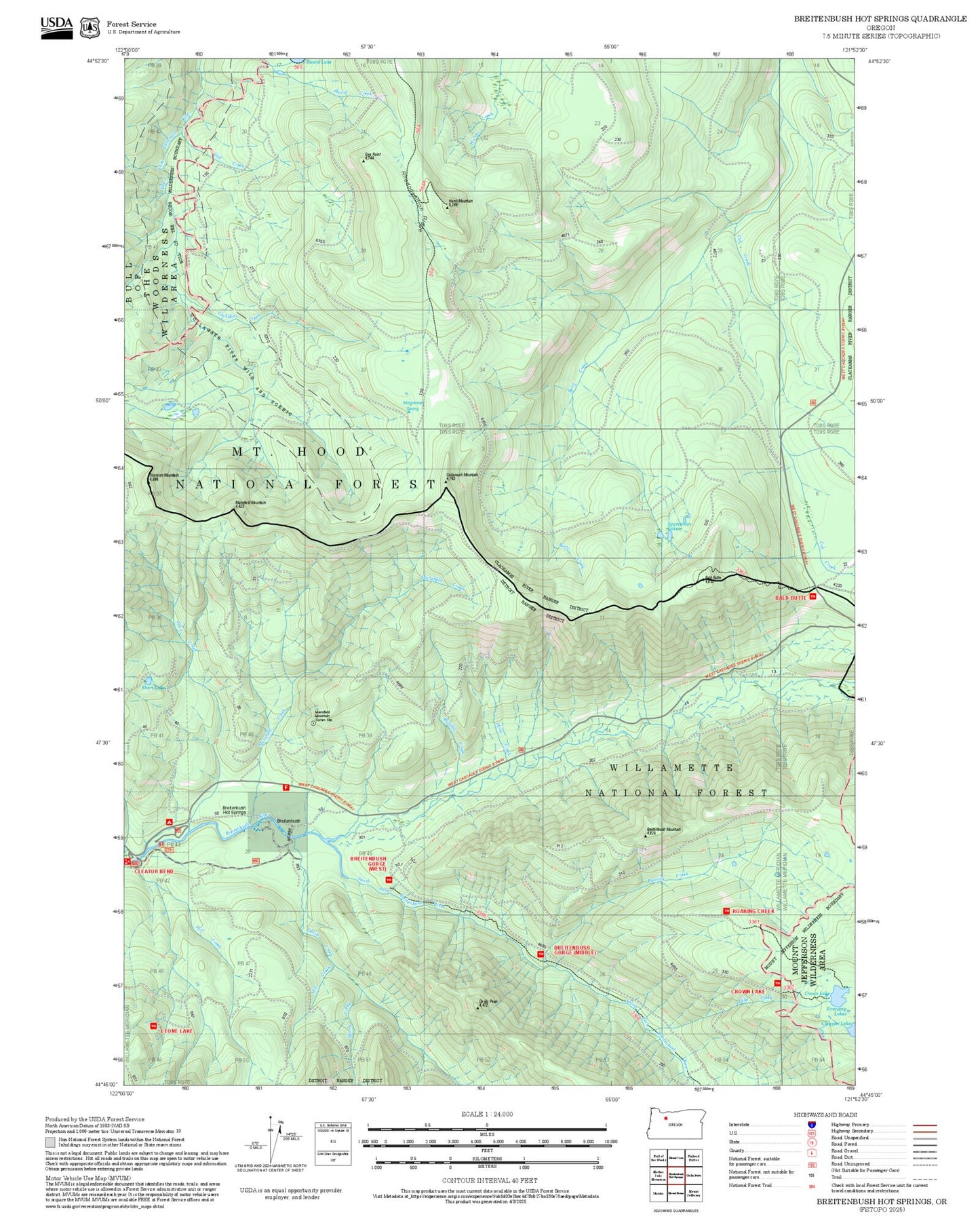 2025 Forest Service Topo Map of Breitenbush Hot Springs Oregon