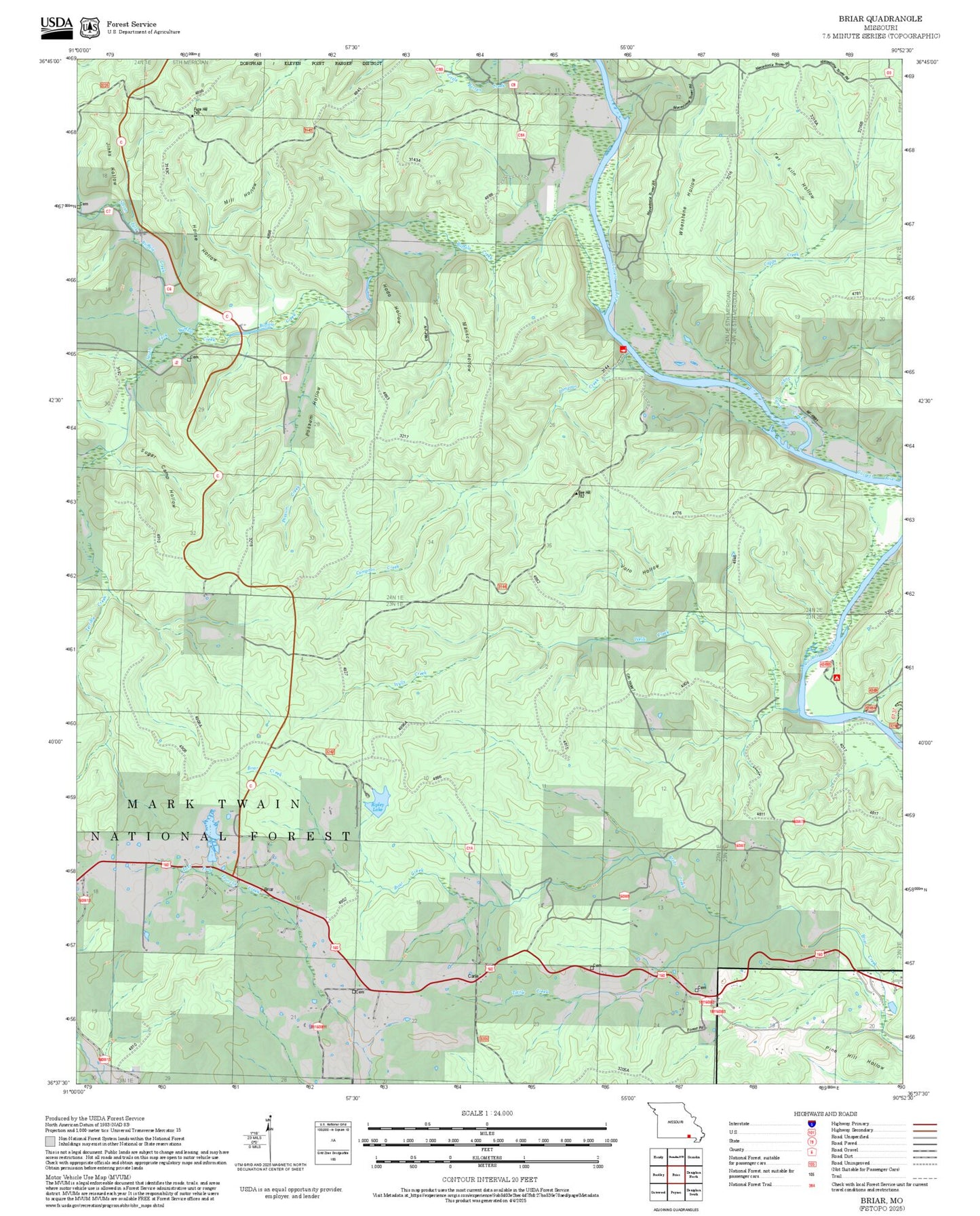 2025 Forest Service Topo Map of Briar Missouri