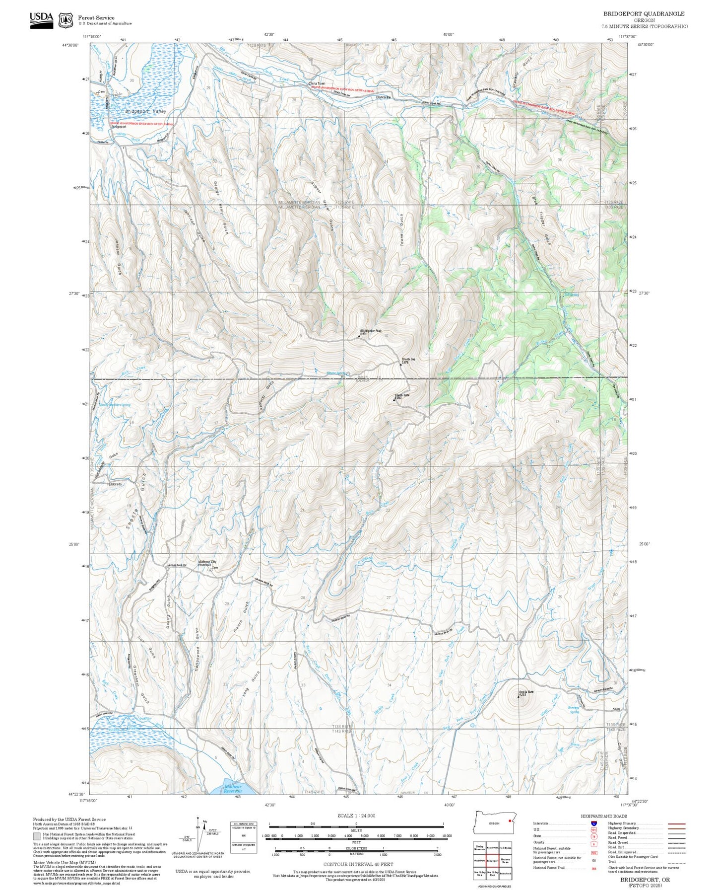 2025 Forest Service Topo Map of Bridgeport Oregon