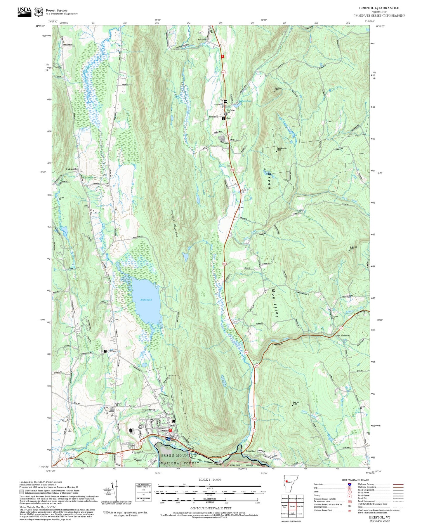 2025 Forest Service Topo Map of Bristol Vermont